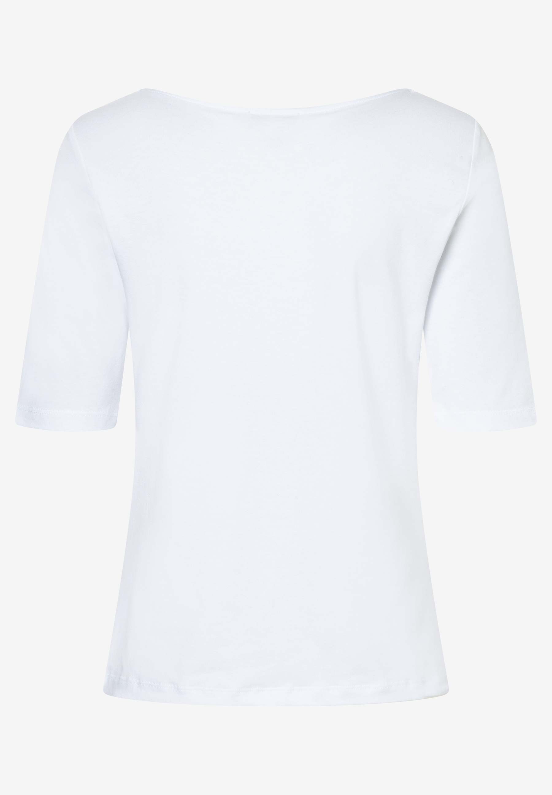 Ein weißes MORE & MORE T-Shirt mit halben Ärmeln und Rundhalsausschnitt, von hinten fotografiert. Ein weißes MORE & MORE T-Shirt mit halben Ärmeln und Rundhalsausschnitt, von hinten fotografiert.