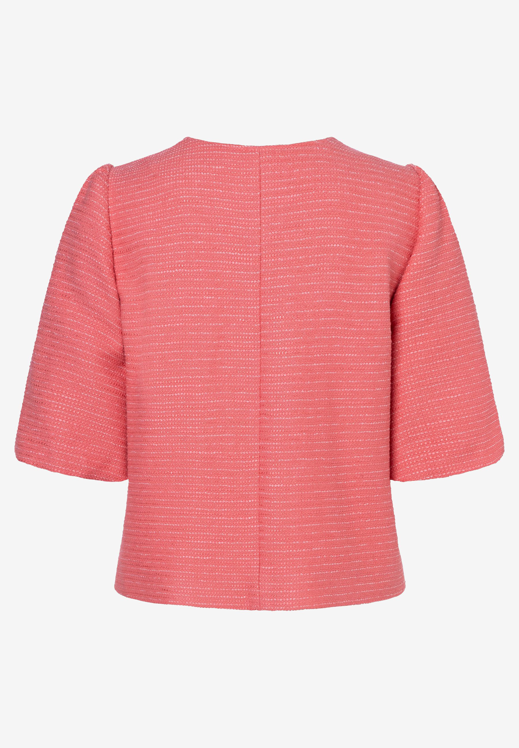 Rückansicht eines Bouclé-Blazers von MORE & MORE in Koralle mit angenehmem Tragekomfort. Rückansicht eines Bouclé-Blazers von MORE & MORE in Koralle mit angenehmem Tragekomfort.