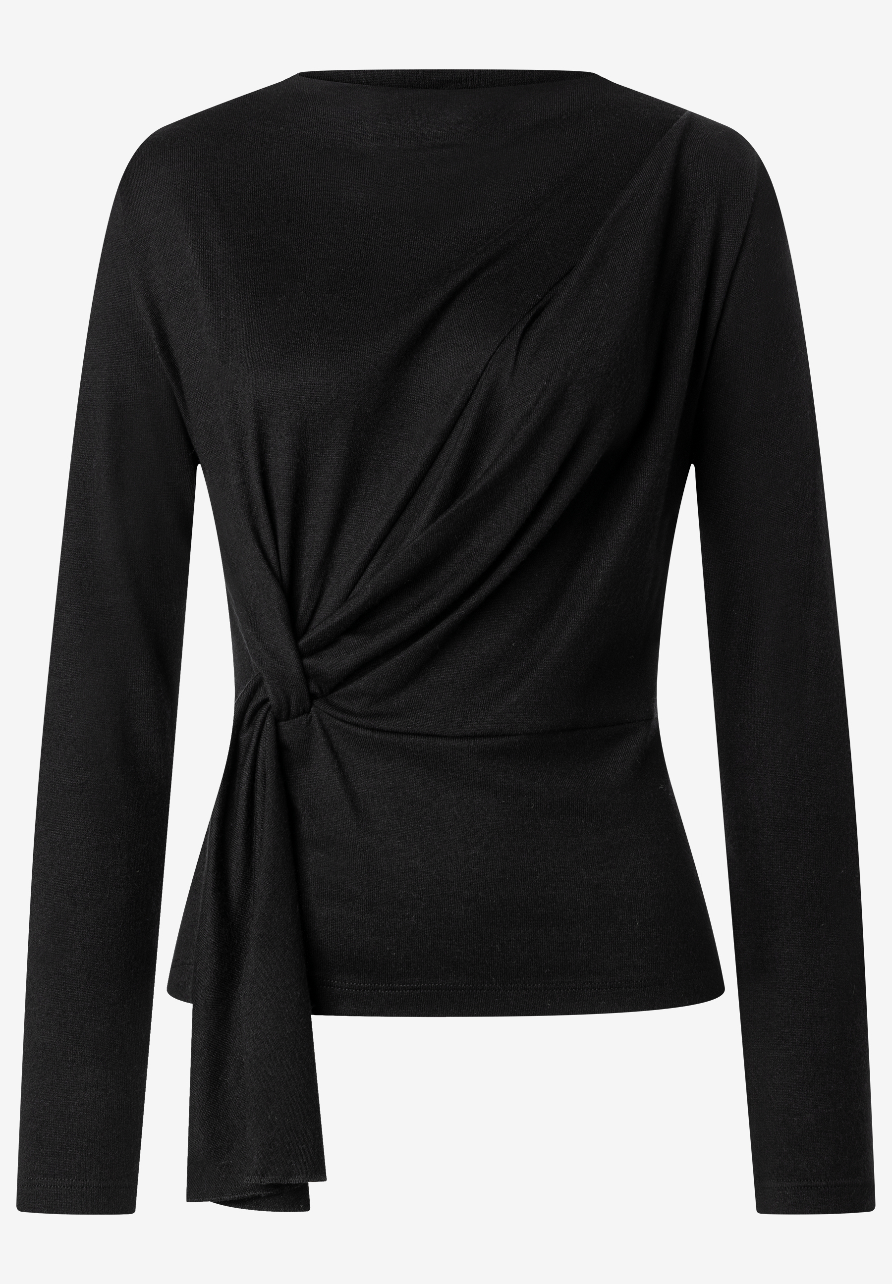 MORE & MORE Damen Langarm-Shirt in Schwarz. Das Oberteil hat einen weiten Ausschnitt und eine dekorative Knoten-Drapierung an der Seite.