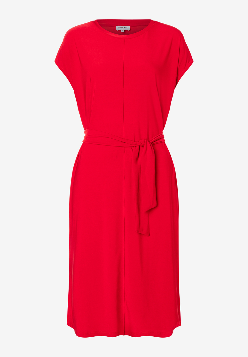 MORE & MORE rotes Jersey-Kleid mit Bindegürtel, kurze Ärmel, knielang, V-Ausschnitt, angenehmer Tragekomfort MORE & MORE rotes Jersey-Kleid mit Bindegürtel, kurze Ärmel, knielang, V-Ausschnitt, angenehmer Tragekomfort