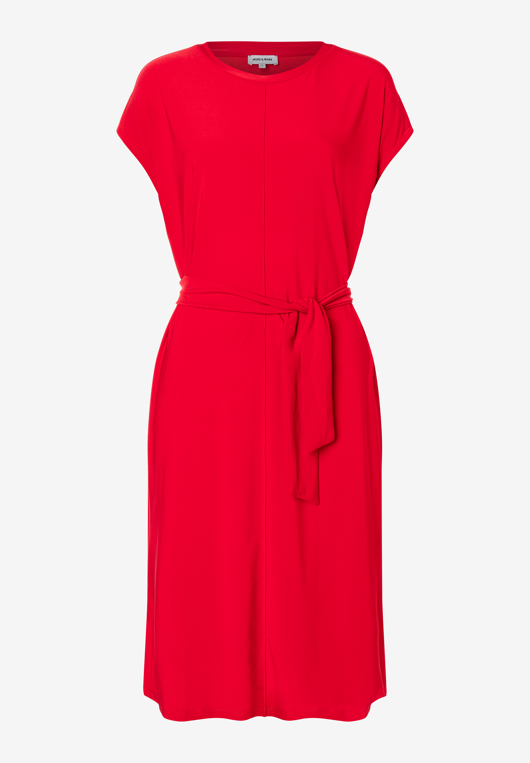 MORE & MORE rotes Jersey-Kleid mit Bindegürtel, kurze Ärmel, knielang, V-Ausschnitt, angenehmer Tragekomfort MORE & MORE rotes Jersey-Kleid mit Bindegürtel, kurze Ärmel, knielang, V-Ausschnitt, angenehmer Tragekomfort