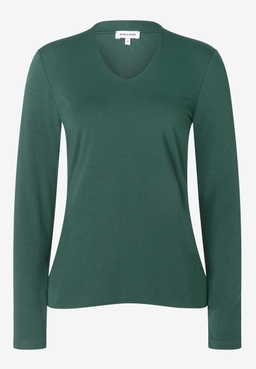 MORE & MORE Langarmshirt in Dunkelgrün mit V-Ausschnitt, schlichtem Design und langen Ärmeln.