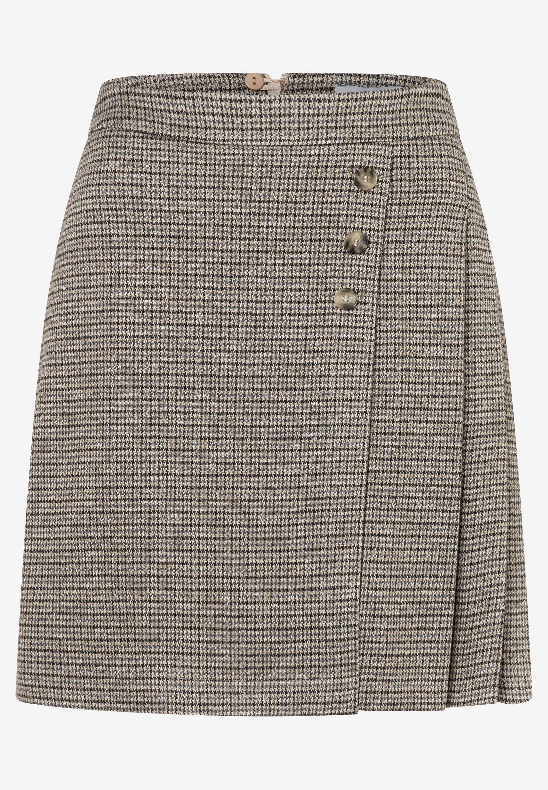 MORE & MORE Wickelrock mit Hahnentrittmuster in Schwarz-Beige, 3 Knöpfe an der Seite, kurzer Saum. MORE & MORE Wickelrock mit Hahnentrittmuster in Schwarz-Beige, 3 Knöpfe an der Seite, kurzer Saum.