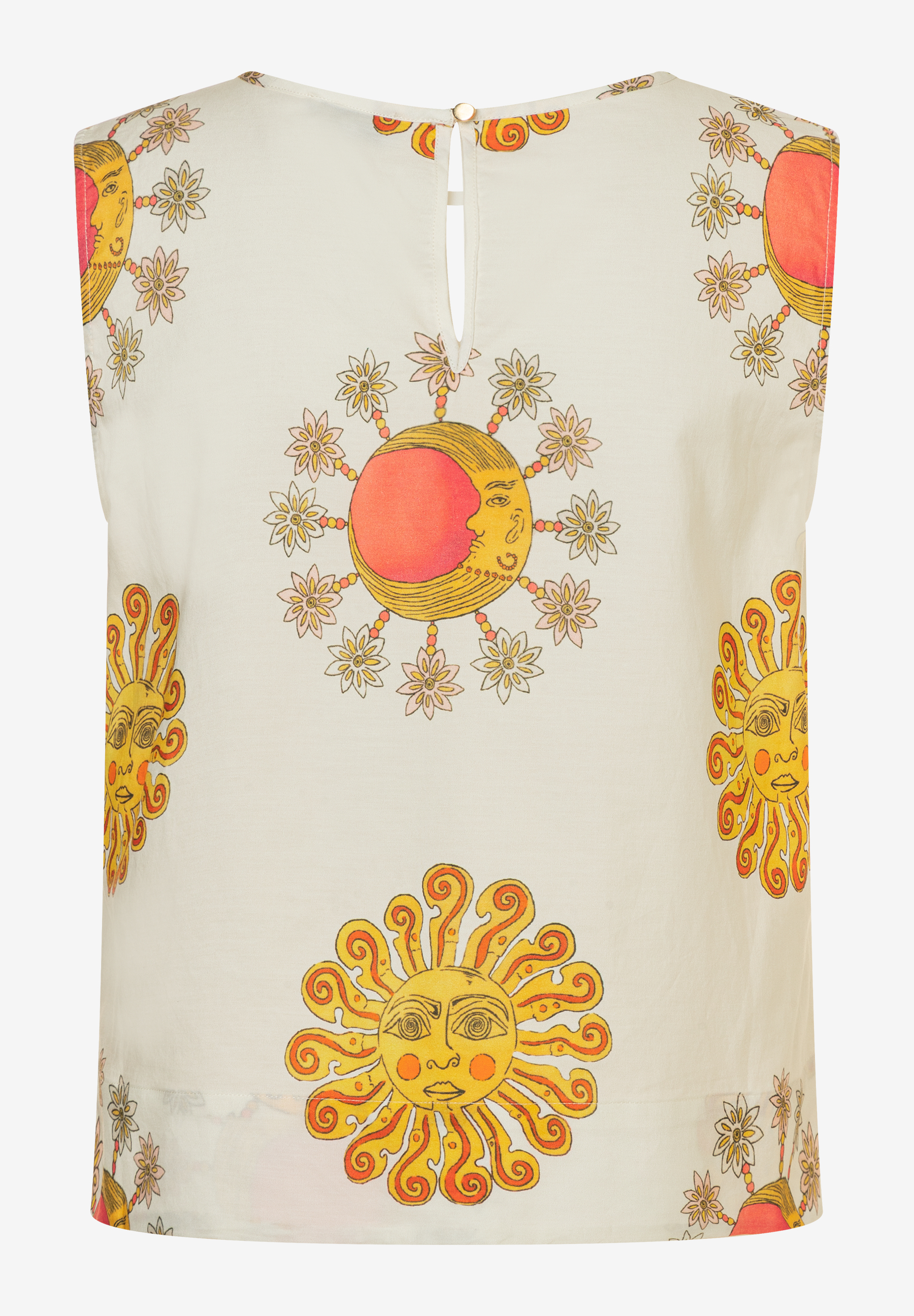 Ein ärmelloses MORE & MORE Oberteil mit einem Muster aus Sonne, Mond und Sternen.