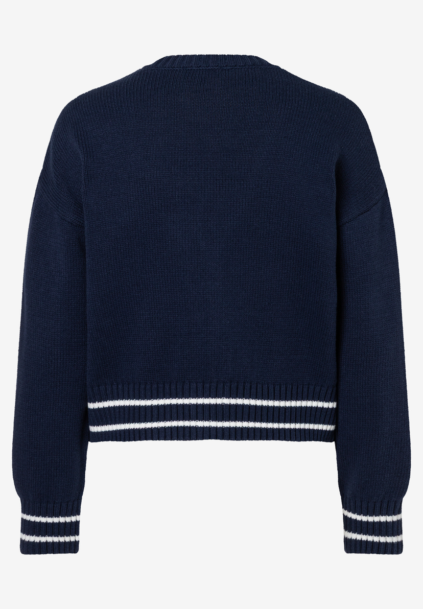 Ein marineblauer Strickpullover von MORE & MORE mit weißen Streifen an Saum und Ärmeln. Ein marineblauer Strickpullover von MORE & MORE mit weißen Streifen an Saum und Ärmeln.