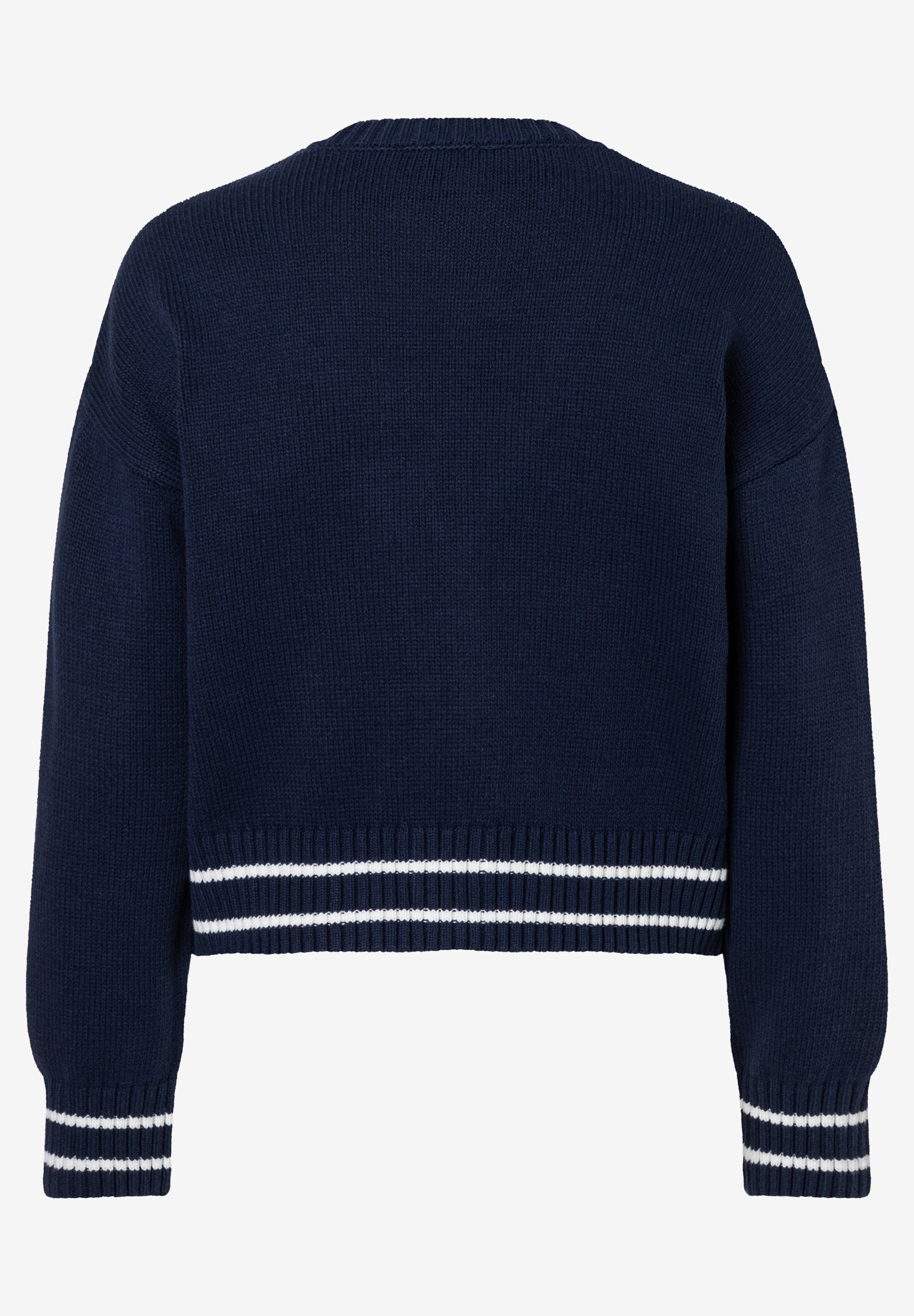 Ein marineblauer Strickpullover von MORE & MORE mit weißen Streifen an Saum und Ärmeln. Ein marineblauer Strickpullover von MORE & MORE mit weißen Streifen an Saum und Ärmeln.