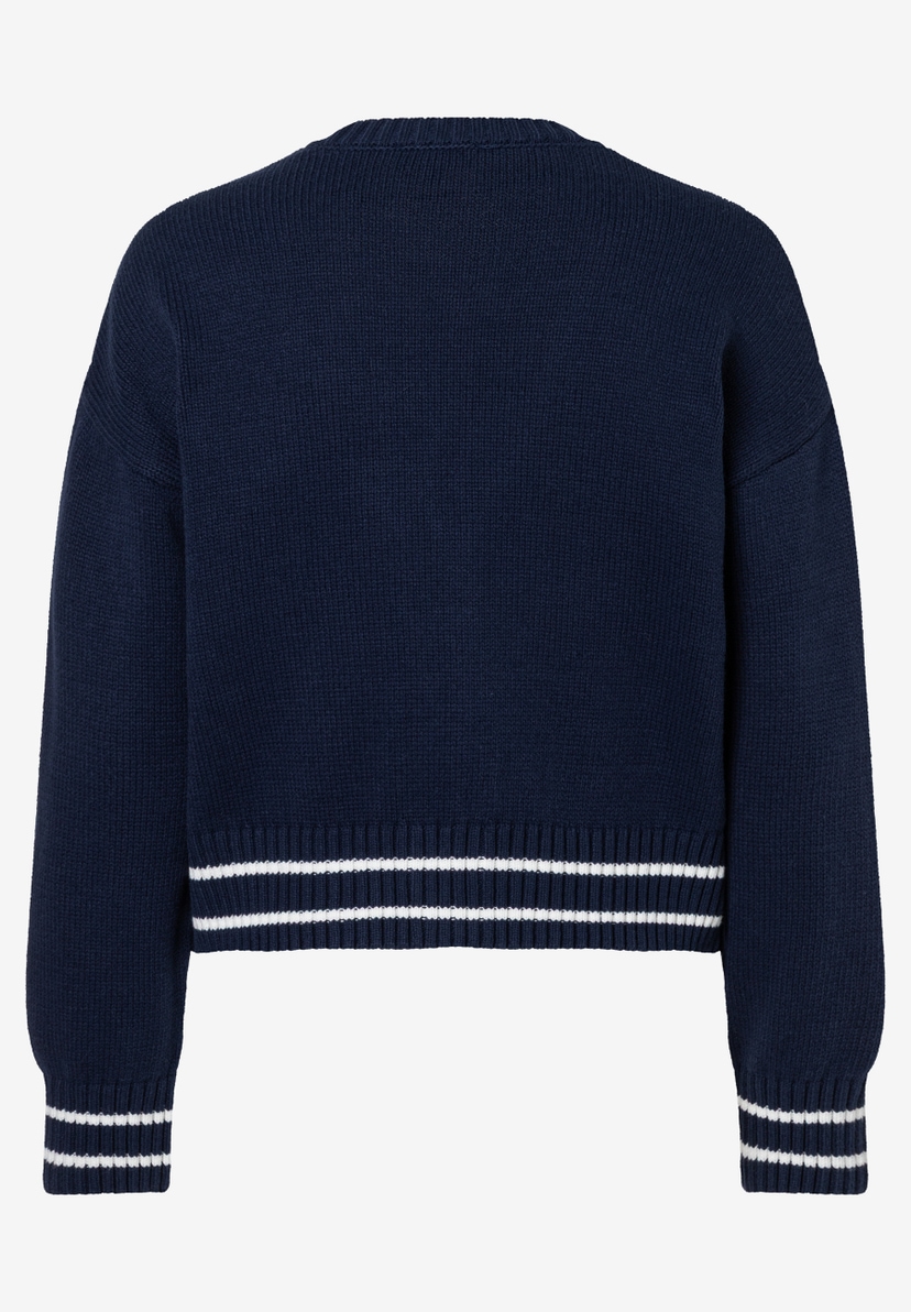 Ein marineblauer Strickpullover von MORE & MORE mit weißen Streifen an Saum und Ärmeln. Ein marineblauer Strickpullover von MORE & MORE mit weißen Streifen an Saum und Ärmeln.