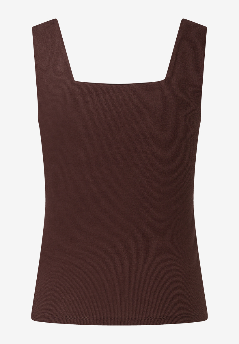 Ein braunes MORE & MORE Ripp-Top mit quadratischem Ausschnitt. Ein braunes MORE & MORE Ripp-Top mit quadratischem Ausschnitt.