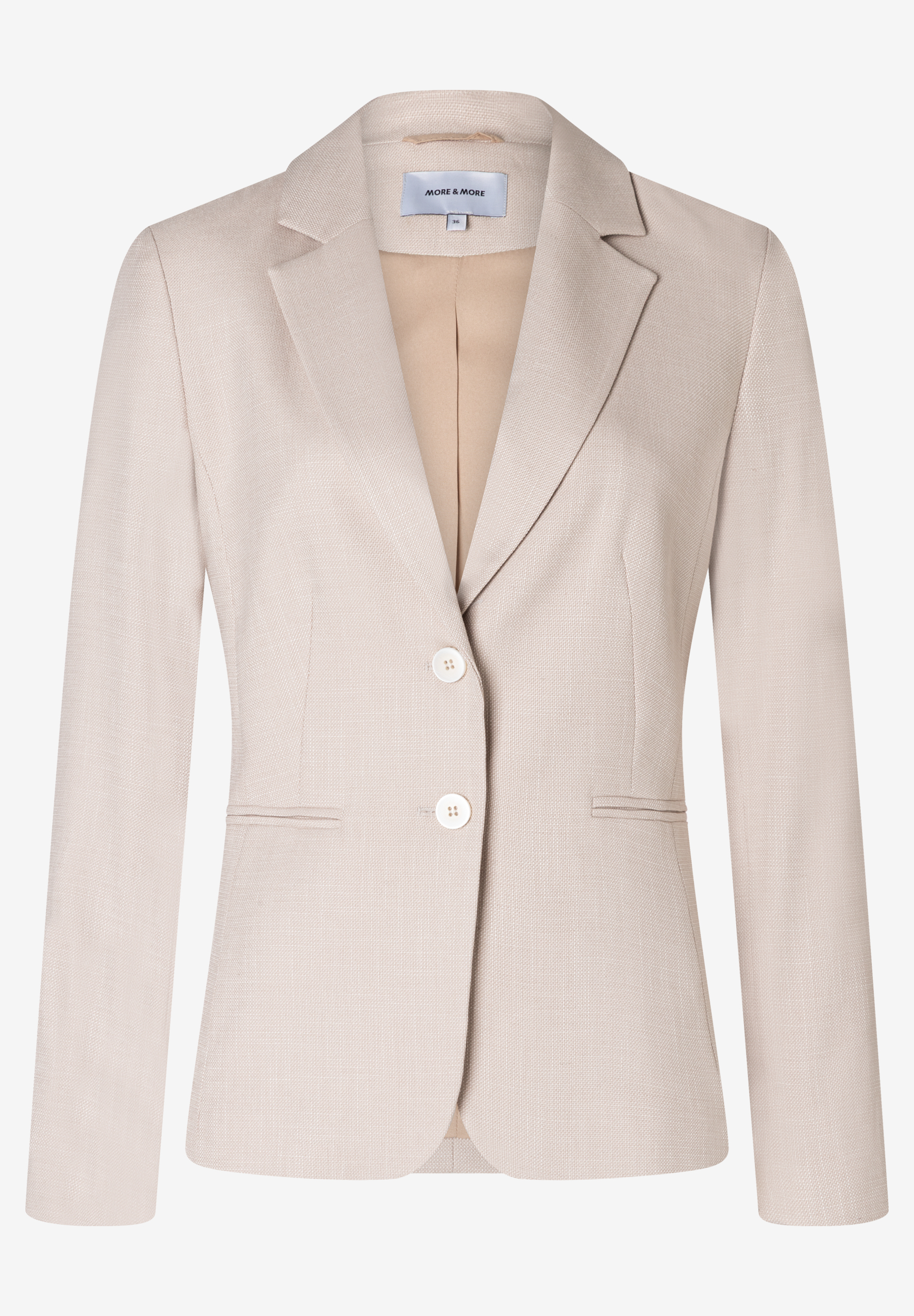 Ein beiger Blazer von MORE & MORE mit zwei Knöpfen und Webware-Textur. Ein beiger Blazer von MORE & MORE mit zwei Knöpfen und Webware-Textur.