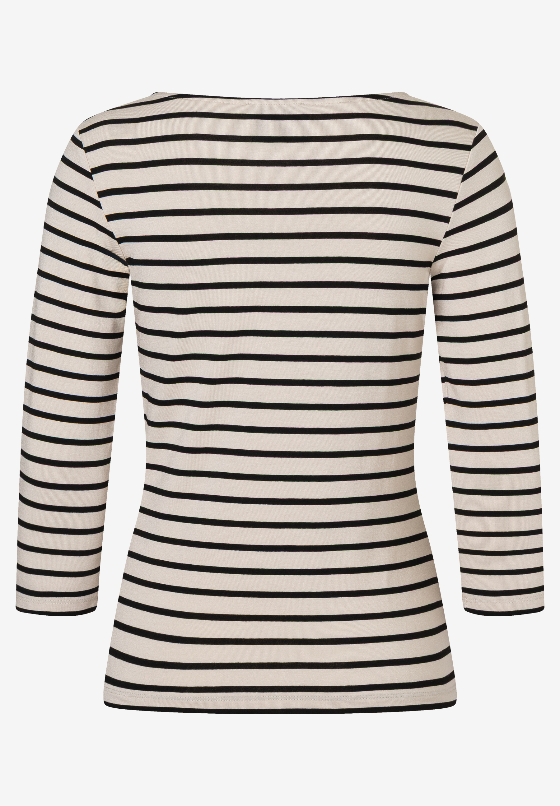 Ein MORE & MORE T-Shirt-Top mit einem klassischen, horizontalen schwarz-weiß Streifenmuster und Dreiviertelärmeln. Ein MORE & MORE T-Shirt-Top mit einem klassischen, horizontalen schwarz-weiß Streifenmuster und Dreiviertelärmeln.