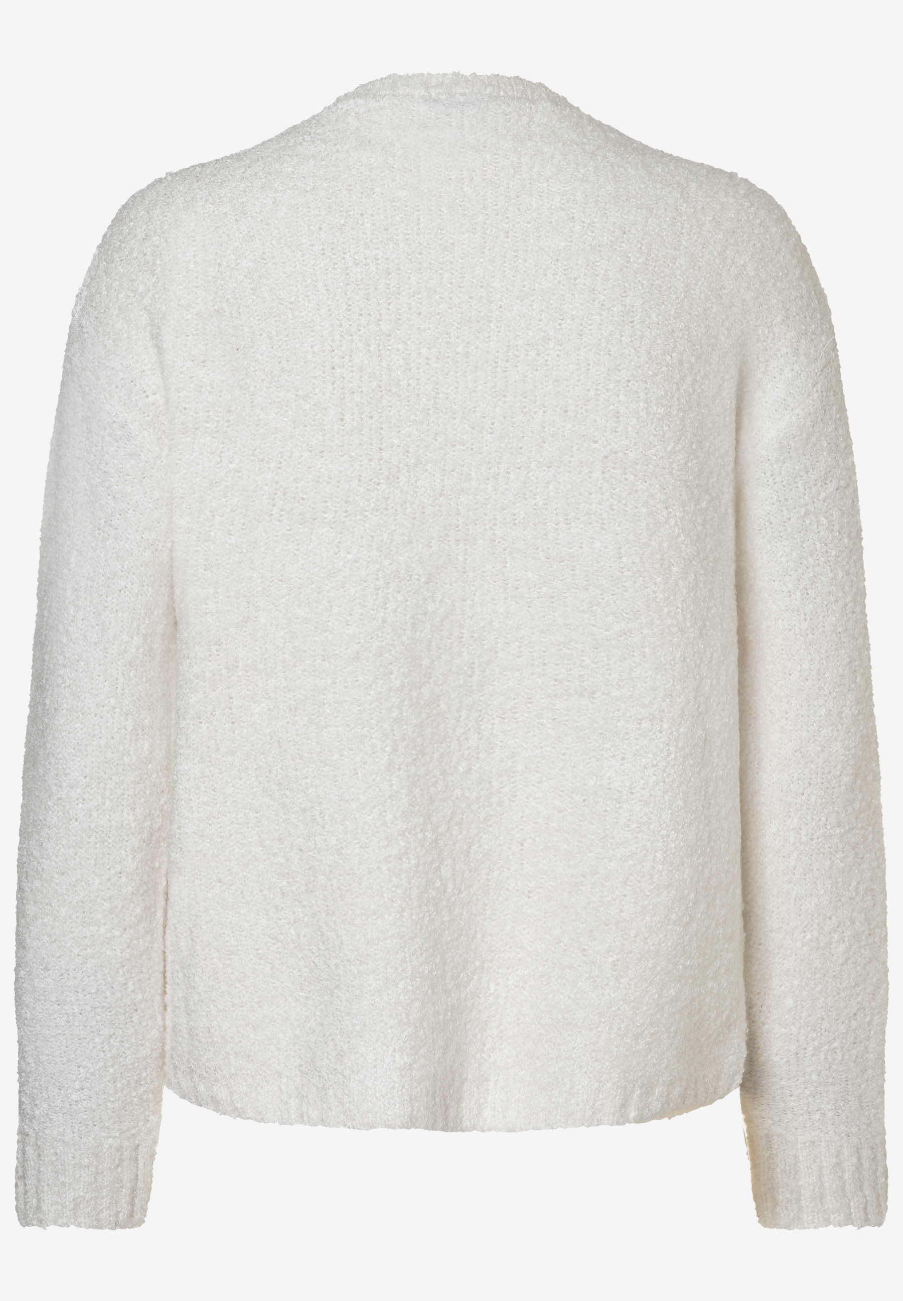 Nahaufnahme der Rückseite eines MORE & MORE Strickoberteils mit Bouclé-Textur, die einen weichen Griff und Wärme verspricht. Nahaufnahme der Rückseite eines MORE & MORE Strickoberteils mit Bouclé-Textur, die einen weichen Griff und Wärme verspricht.