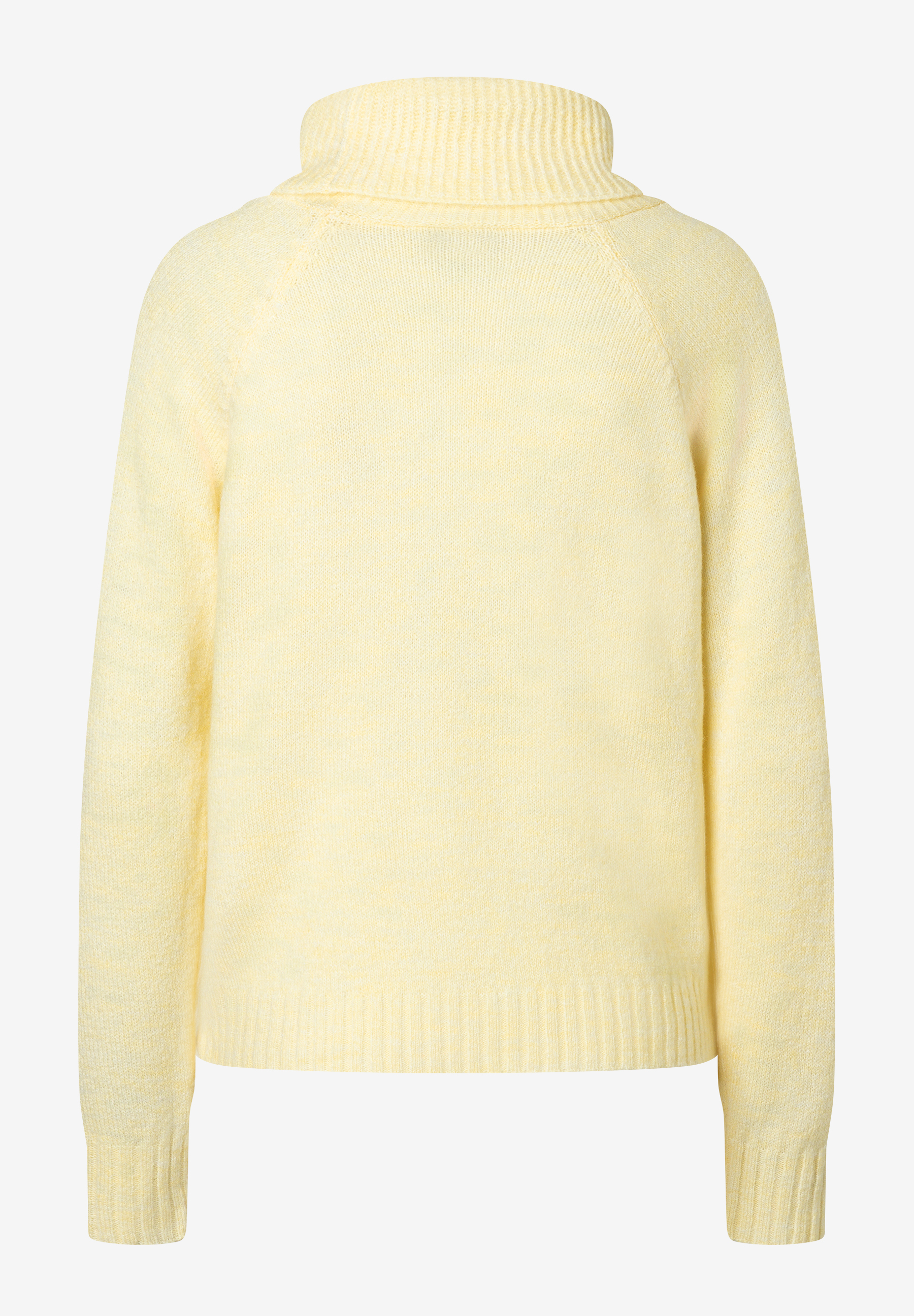 Ein hellgelber Strickpullover von MORE & MORE mit hohem Kragen und langen Ärmeln. Ein hellgelber Strickpullover von MORE & MORE mit hohem Kragen und langen Ärmeln.
