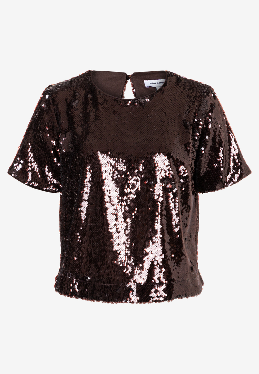 Eine glänzende, braune Paillettenbluse von MORE & MORE mit kurzen Ärmeln. Eine glänzende, braune Paillettenbluse von MORE & MORE mit kurzen Ärmeln.