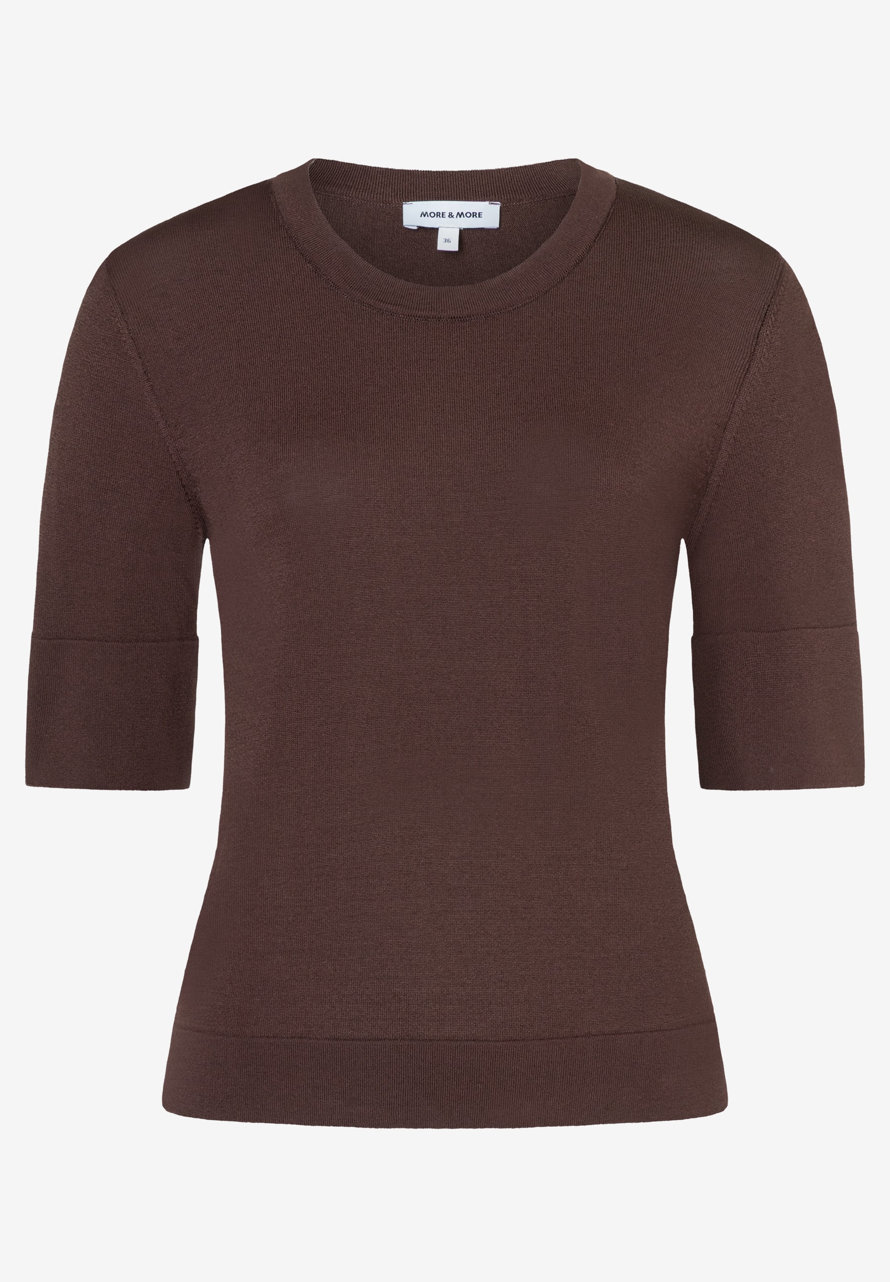 MORE & MORE Feinstrick-Pullover in Braun mit 3/4-Ärmeln, Rundhalsausschnitt und Rippbündchen. Hautfreundlich und bequem. MORE & MORE Feinstrick-Pullover in Braun mit 3/4-Ärmeln, Rundhalsausschnitt und Rippbündchen. Hautfreundlich und bequem.