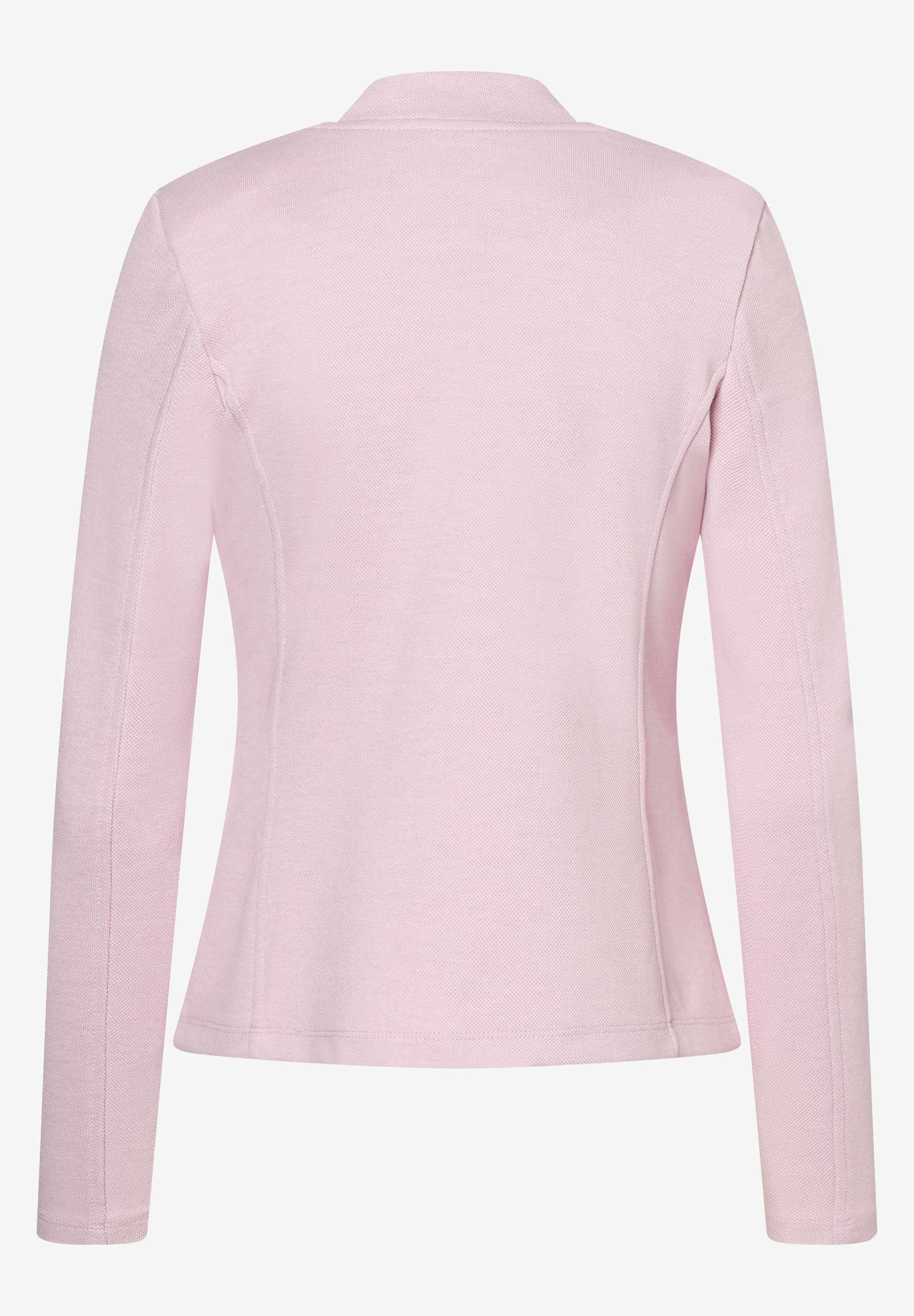 Ein hellrosa MORE & MORE Blazer mit Piqué-Material und langem Arm, gesehen von hinten. Ein hellrosa MORE & MORE Blazer mit Piqué-Material und langem Arm, gesehen von hinten.