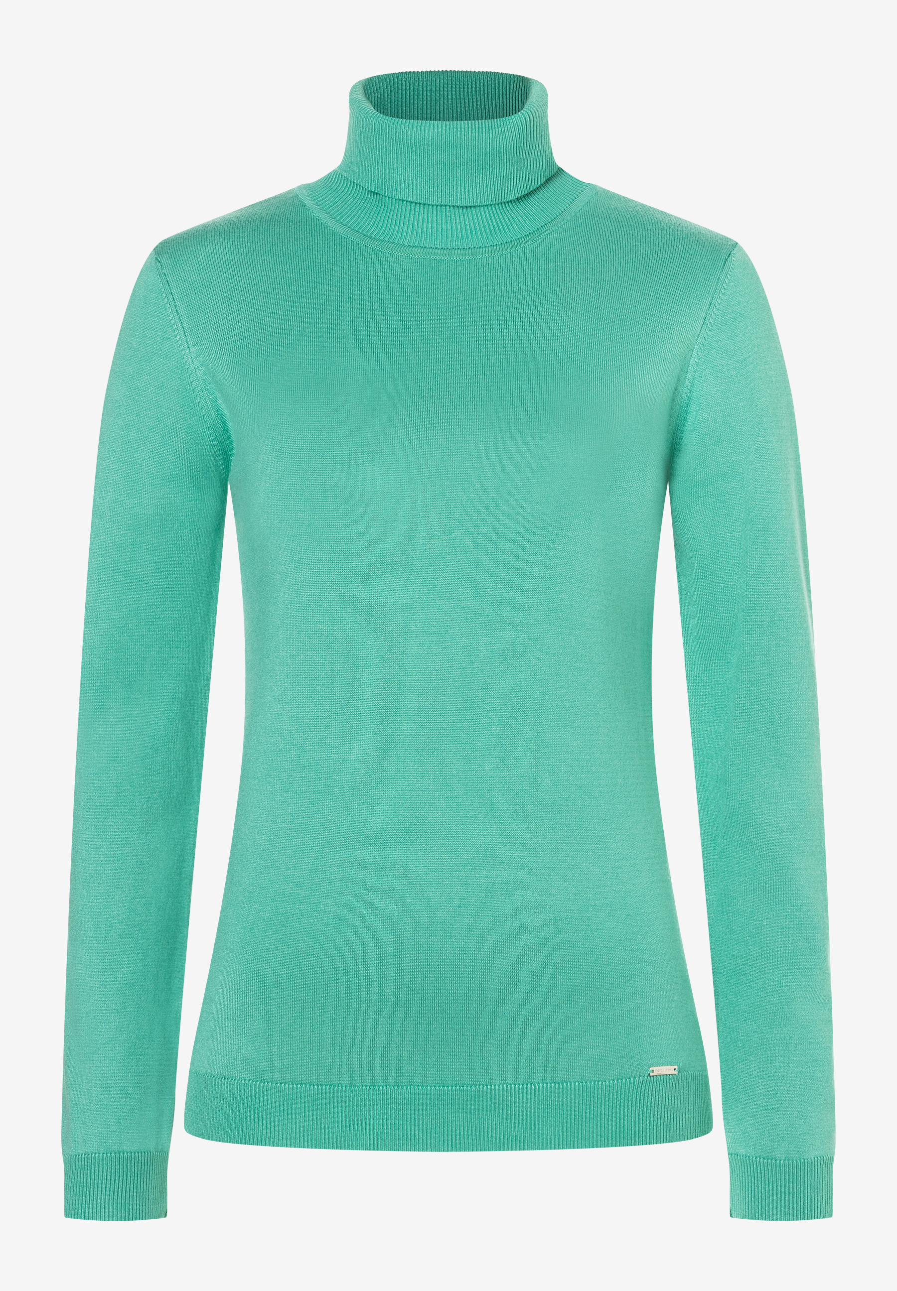 Ein grüner MORE & MORE Rollkragenpullover mit langen Ärmeln vor einem weißen Hintergrund.