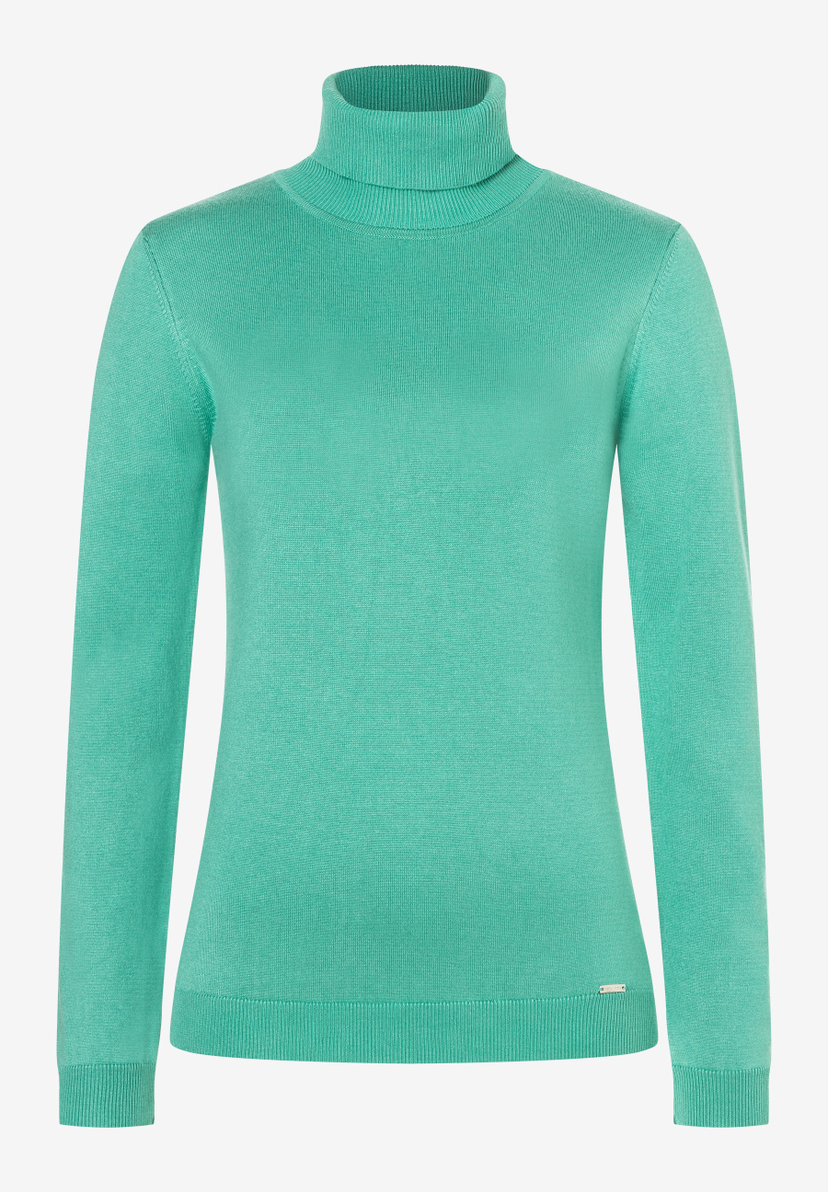 Ein grüner MORE & MORE Rollkragenpullover mit langen Ärmeln vor einem weißen Hintergrund. Ein grüner MORE & MORE Rollkragenpullover mit langen Ärmeln vor einem weißen Hintergrund.