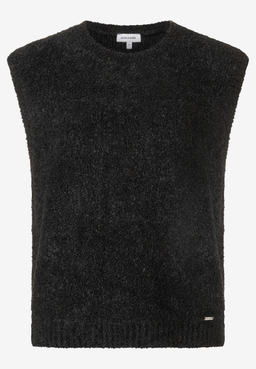MORE & MORE Damen Bouclé-Pullover in Schwarz. Der ärmellose Strickpullover hat einen Rundhalsausschnitt und ist aus flauschigem Bouclé-Stoff gefertigt.