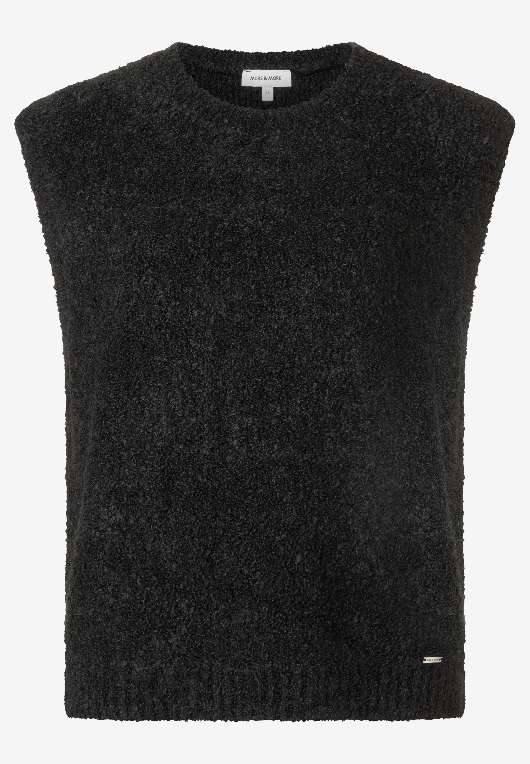 MORE & MORE Damen Bouclé-Pullover in Schwarz. Der ärmellose Strickpullover hat einen Rundhalsausschnitt und ist aus flauschigem Bouclé-Stoff gefertigt. MORE & MORE Damen Bouclé-Pullover in Schwarz. Der ärmellose Strickpullover hat einen Rundhalsausschnitt und ist aus flauschigem Bouclé-Stoff gefertigt.