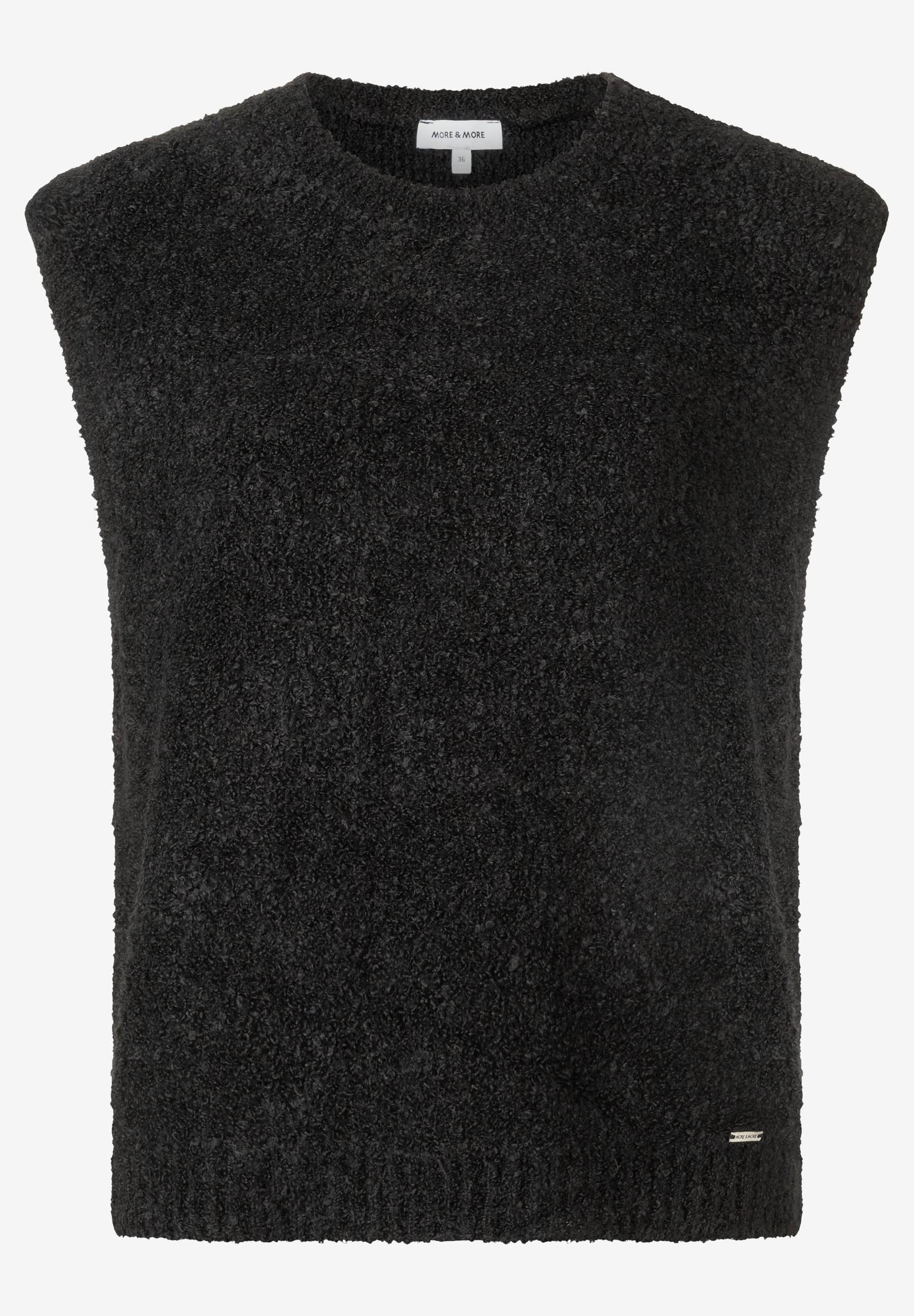 MORE & MORE Damen Bouclé-Pullover in Schwarz. Der ärmellose Strickpullover hat einen Rundhalsausschnitt und ist aus flauschigem Bouclé-Stoff gefertigt. MORE & MORE Damen Bouclé-Pullover in Schwarz. Der ärmellose Strickpullover hat einen Rundhalsausschnitt und ist aus flauschigem Bouclé-Stoff gefertigt.