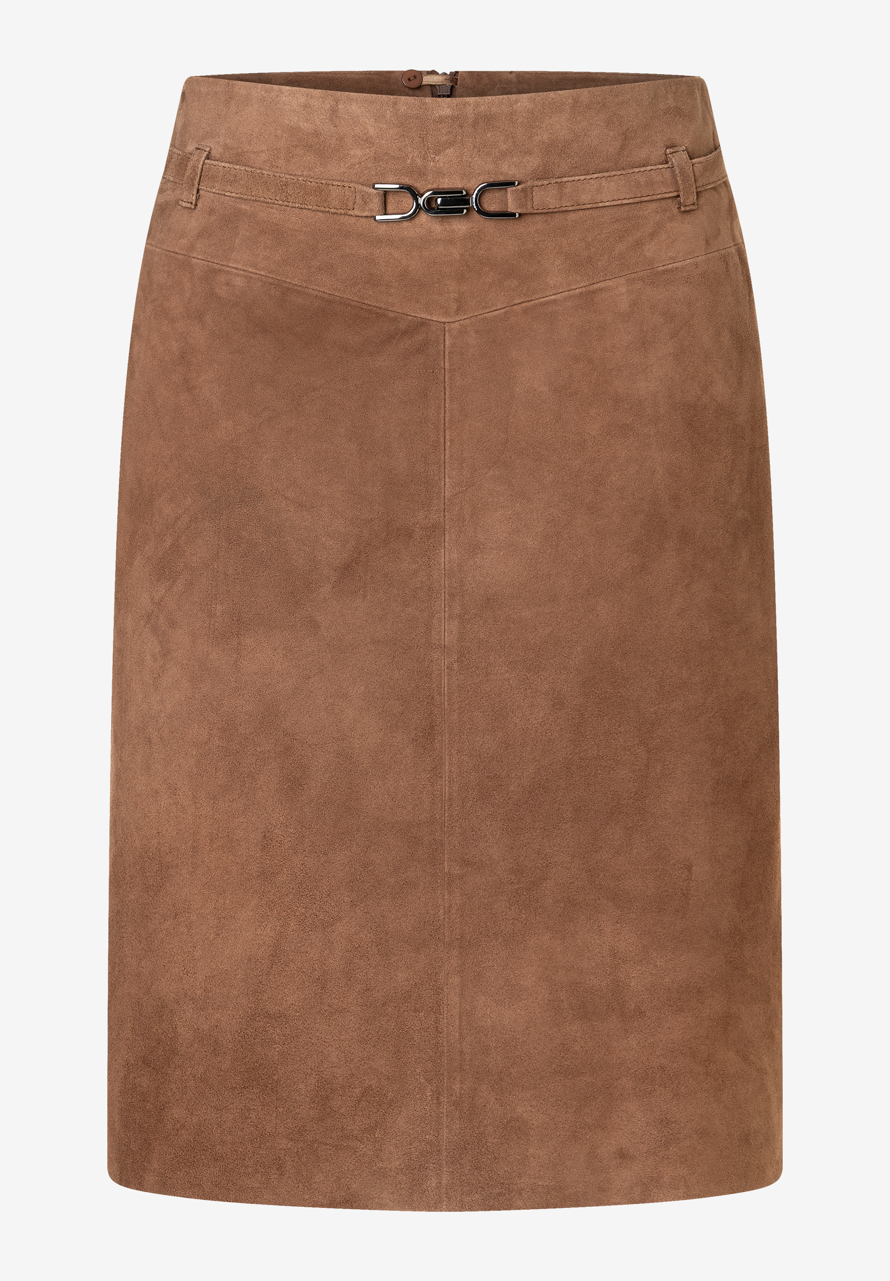 Ein brauner MORE & MORE Rock aus Veloursleder mit einem dekorativen Gürtel in der Taille. Ein brauner MORE & MORE Rock aus Veloursleder mit einem dekorativen Gürtel in der Taille.