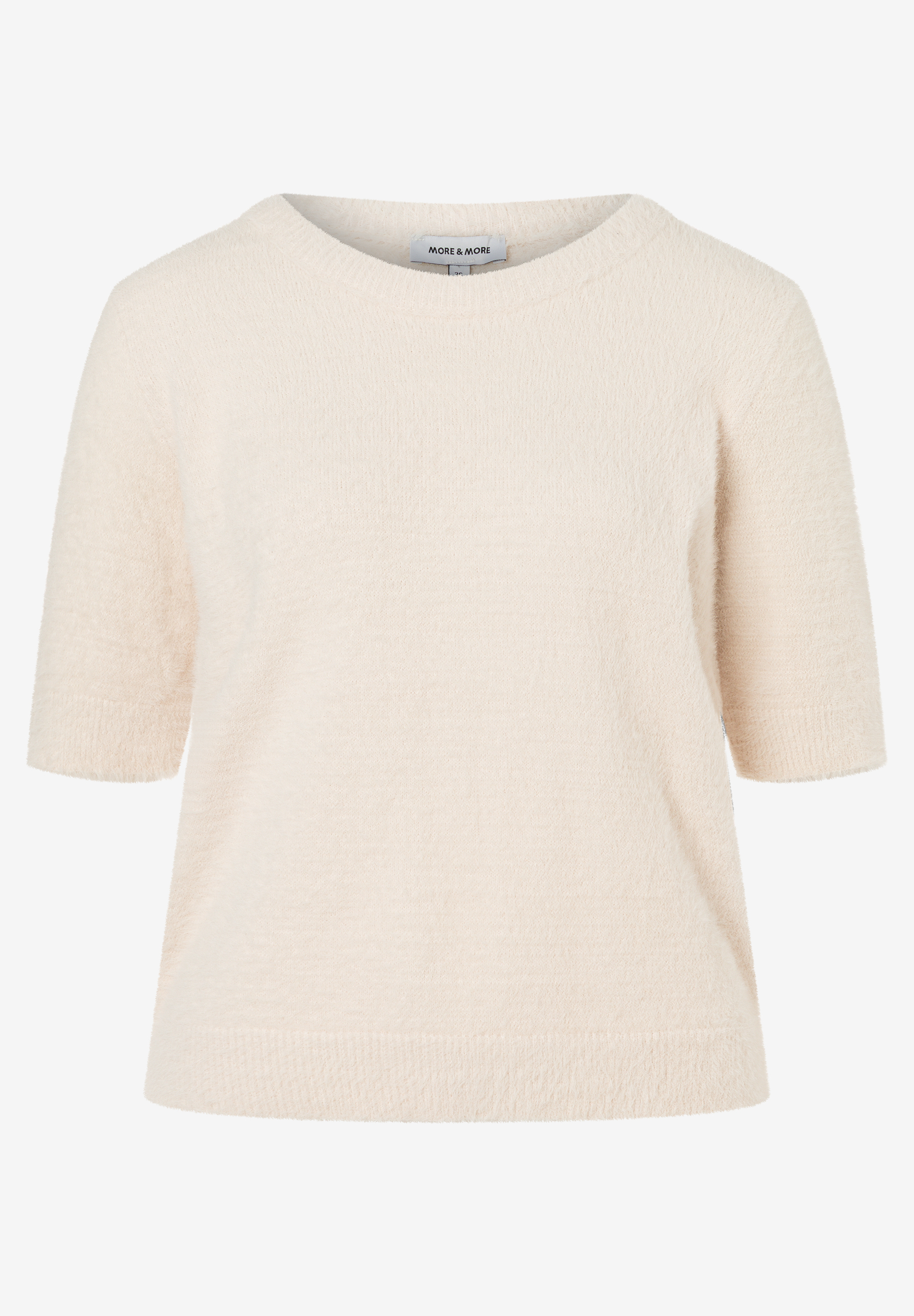 MORE & MORE Kurzarm-Pullover in Crème, flauschig strukturiert mit Rundhalsausschnitt und Rippbündchen an Ärmeln und Saum.