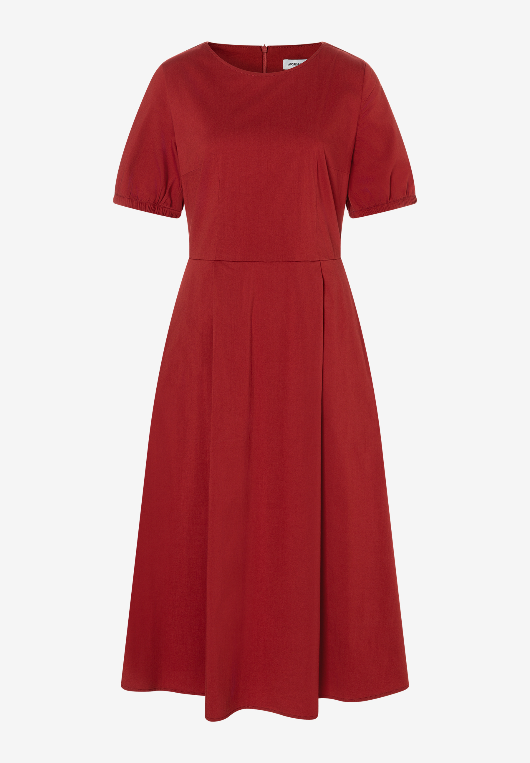Rotes MORE & MORE Kleid mit kurzen Puffärmeln, Rundhalsausschnitt und Faltenrock. Rotes MORE & MORE Kleid mit kurzen Puffärmeln, Rundhalsausschnitt und Faltenrock.