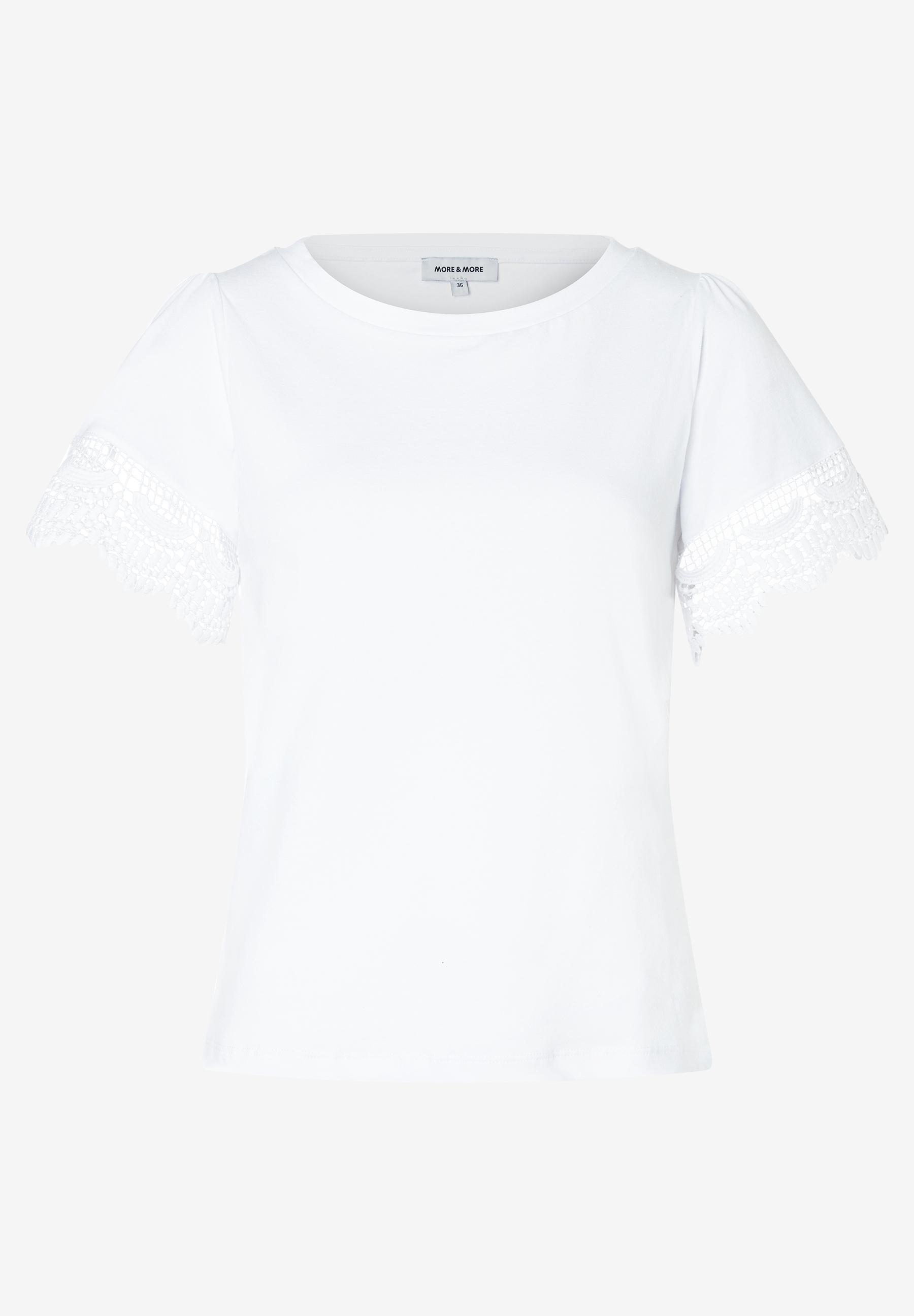 MORE & MORE weißes Jersey-Top mit Rundhalsausschnitt und zarten Spitzenärmeln, angenehm und elastisch. MORE & MORE weißes Jersey-Top mit Rundhalsausschnitt und zarten Spitzenärmeln, angenehm und elastisch.