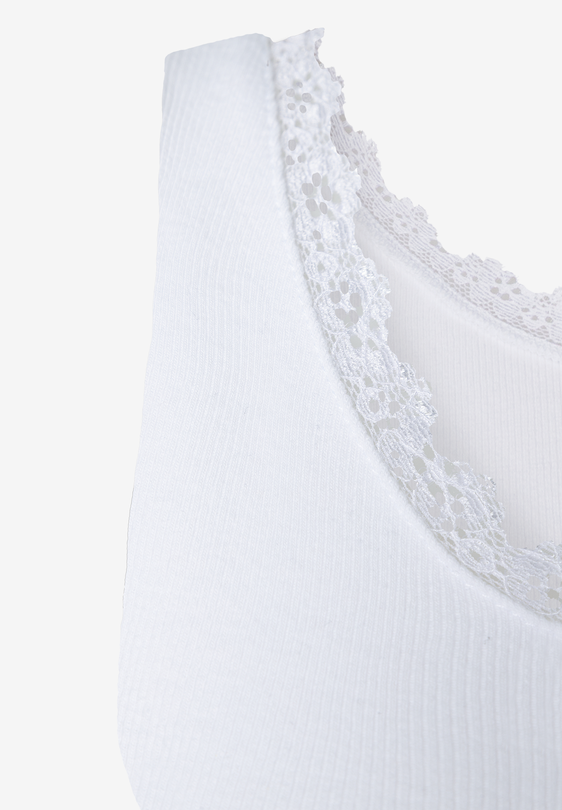 Ausschnitt eines weißen MORE & MORE Tops mit Spitze am Halsausschnitt. Ausschnitt eines weißen MORE & MORE Tops mit Spitze am Halsausschnitt.