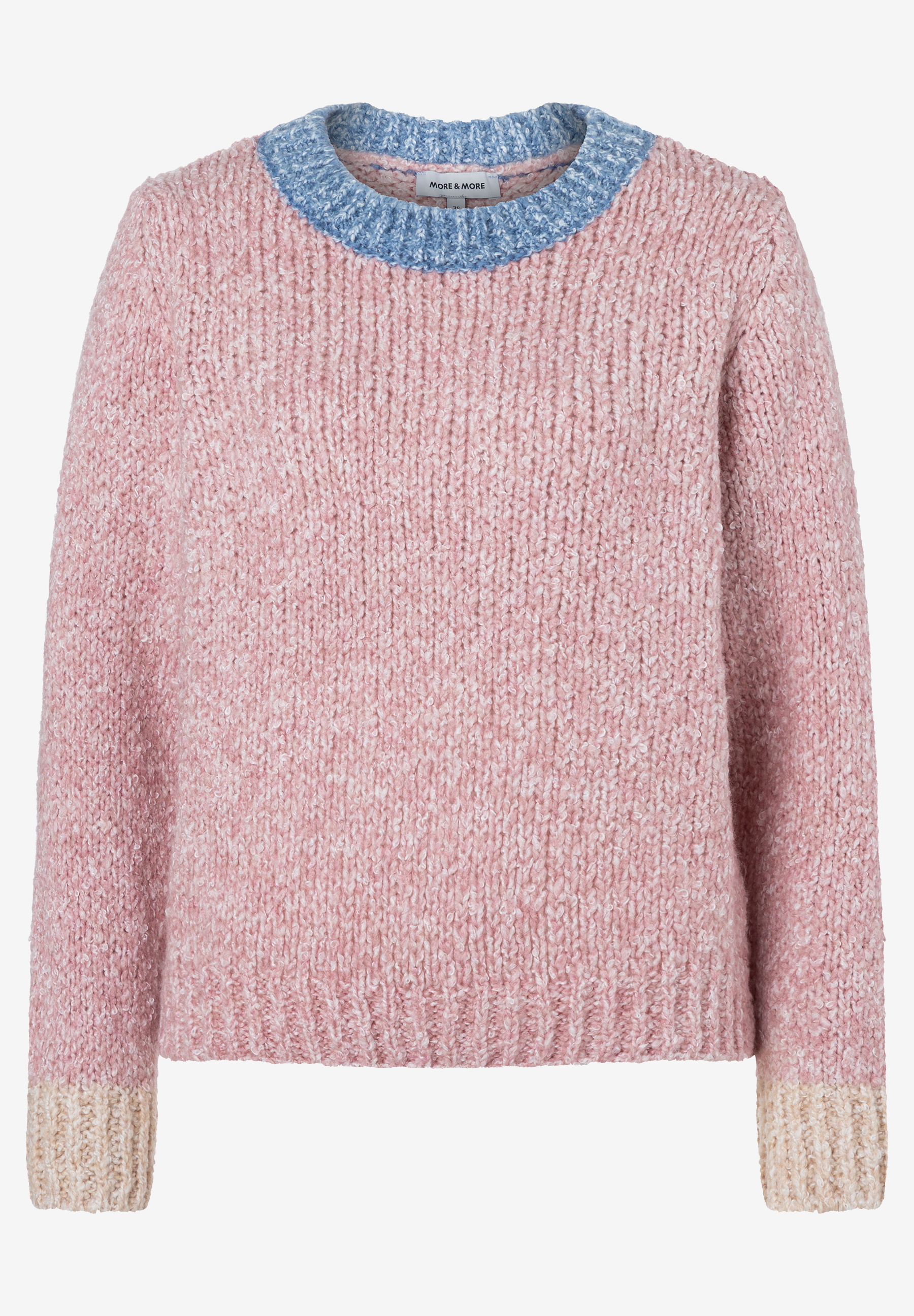 MORE & MORE Oberteil: Grob gestrickter Pullover in Rosa mit hellblauem Rundhalsausschnitt und beigen Ärmelbündchen. MORE & MORE Oberteil: Grob gestrickter Pullover in Rosa mit hellblauem Rundhalsausschnitt und beigen Ärmelbündchen.