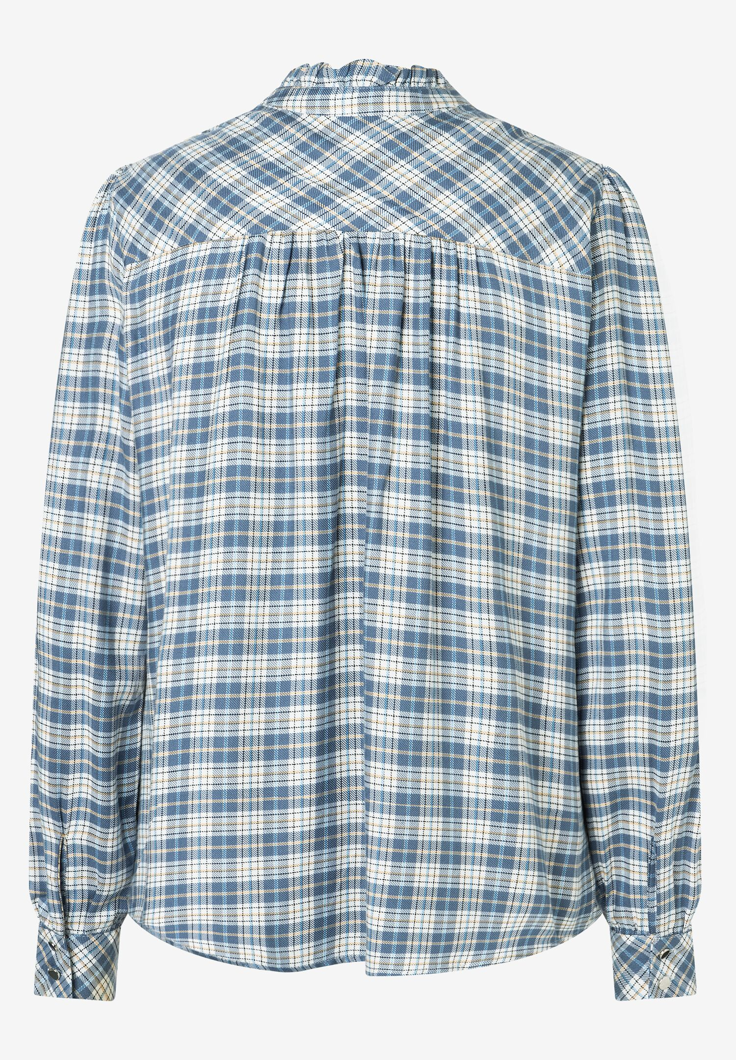 Eine karierte MORE & MORE Bluse von hinten, mit blau-weißen Karos. Eine karierte MORE & MORE Bluse von hinten, mit blau-weißen Karos.