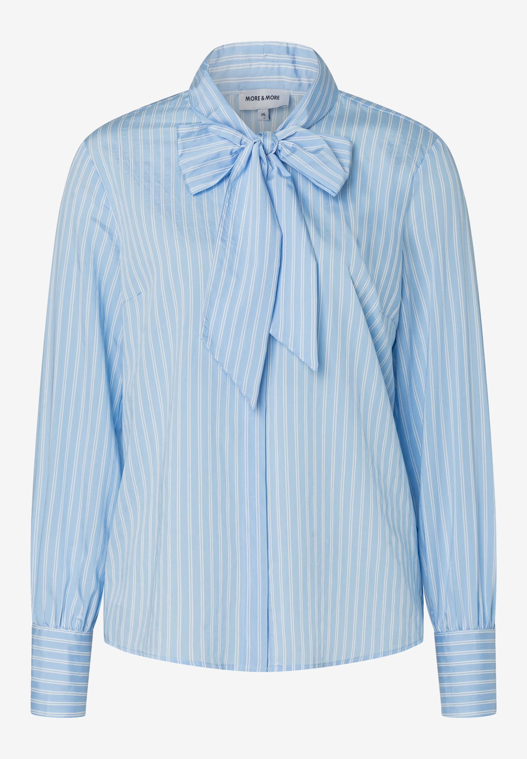 MORE & MORE Bluse: Hellblaue Bluse mit weißen Streifen und großer Schleife am Kragen. MORE & MORE Bluse: Hellblaue Bluse mit weißen Streifen und großer Schleife am Kragen.