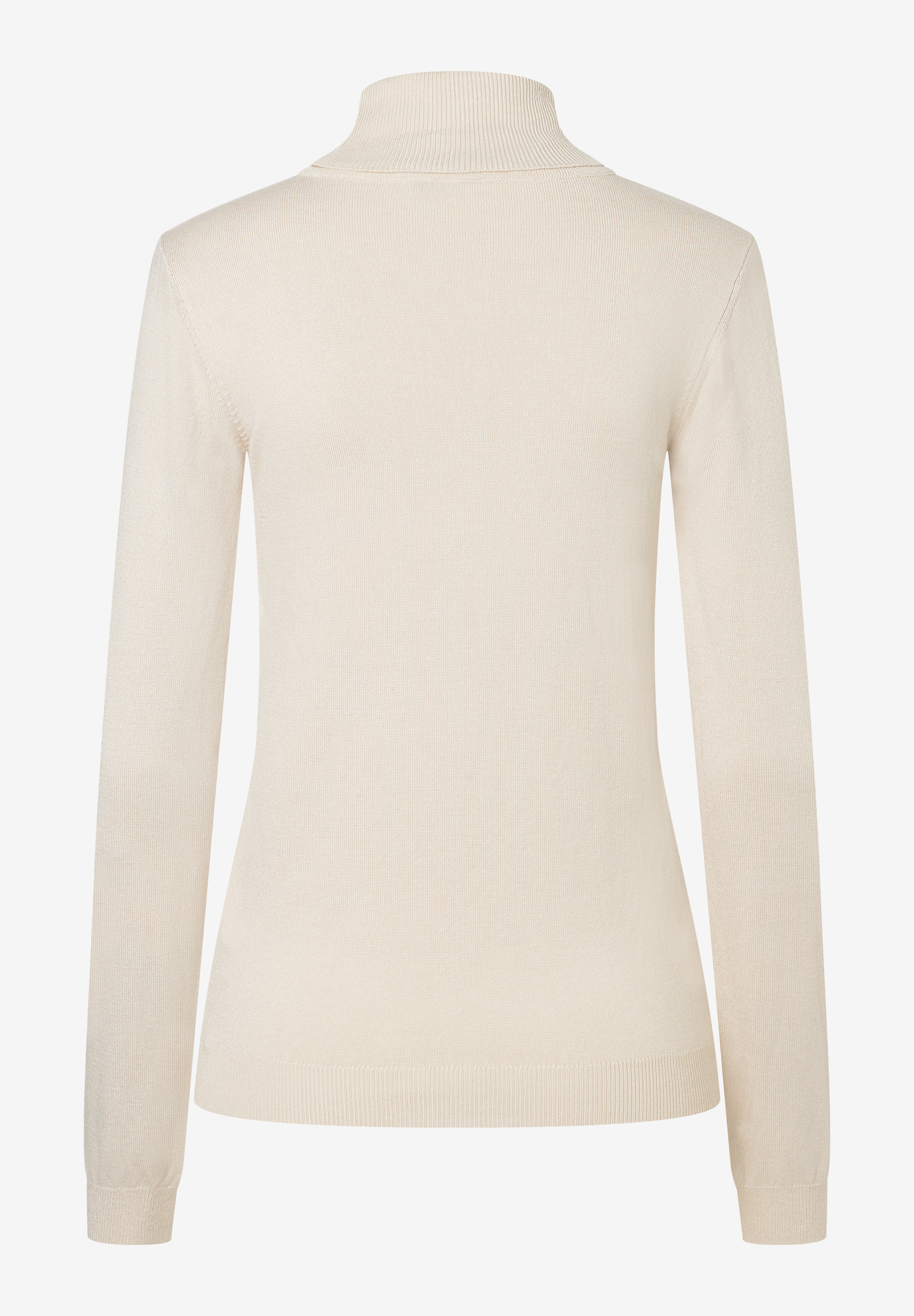 MORE & MORE Damen Rollkragen-Pullover aus Feinstrick in Beige, Rückansicht. MORE & MORE Damen Rollkragen-Pullover aus Feinstrick in Beige, Rückansicht.