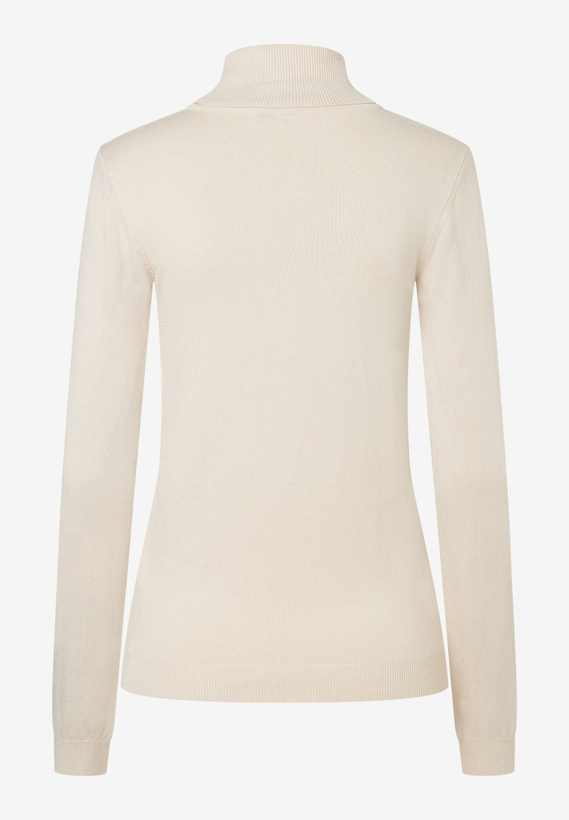 MORE & MORE Damen Rollkragen-Pullover aus Feinstrick in Beige, Rückansicht. MORE & MORE Damen Rollkragen-Pullover aus Feinstrick in Beige, Rückansicht.