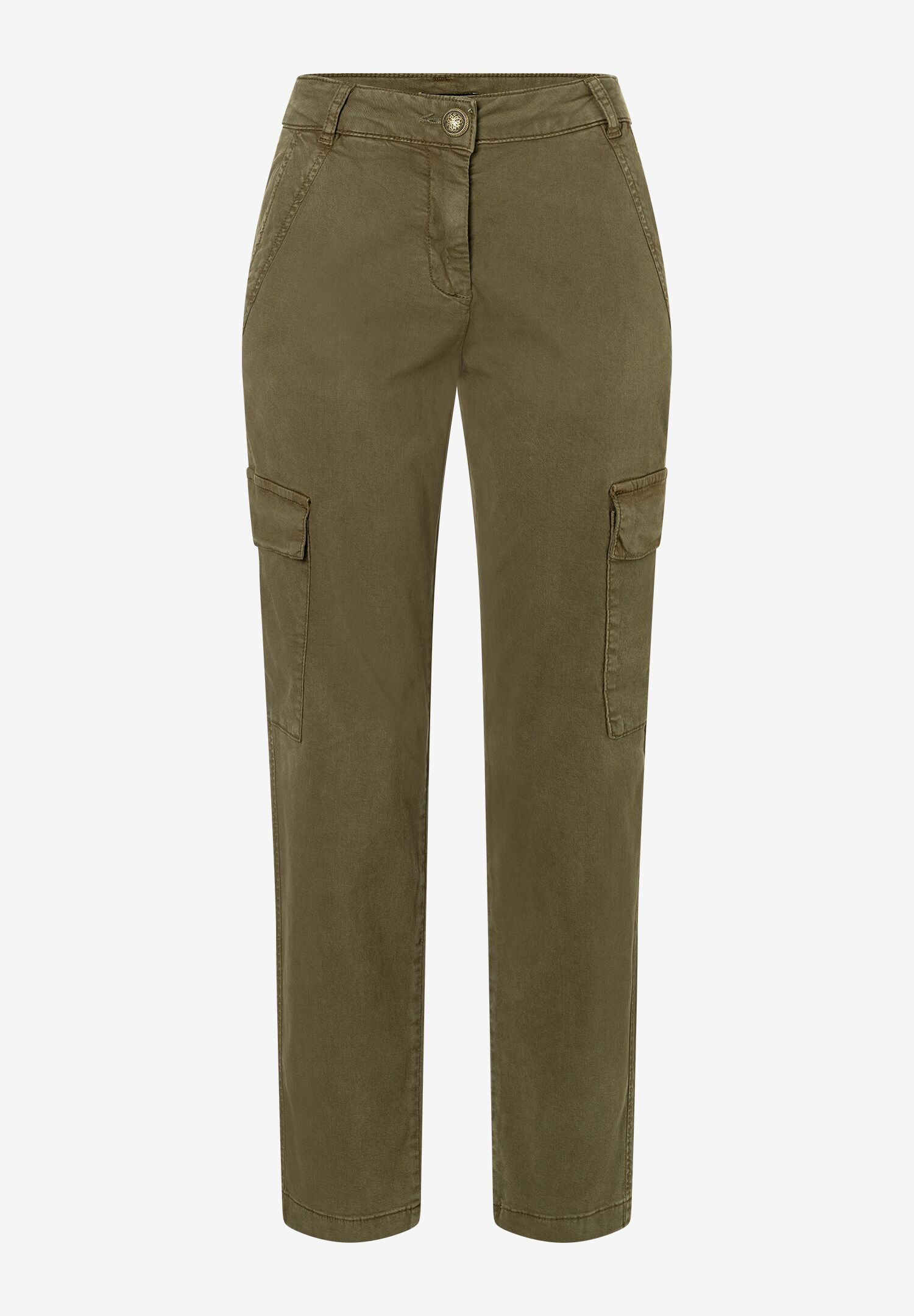 Eine olivgrüne Stretch-Denim-Hose von MORE & MORE mit Cargotaschen.