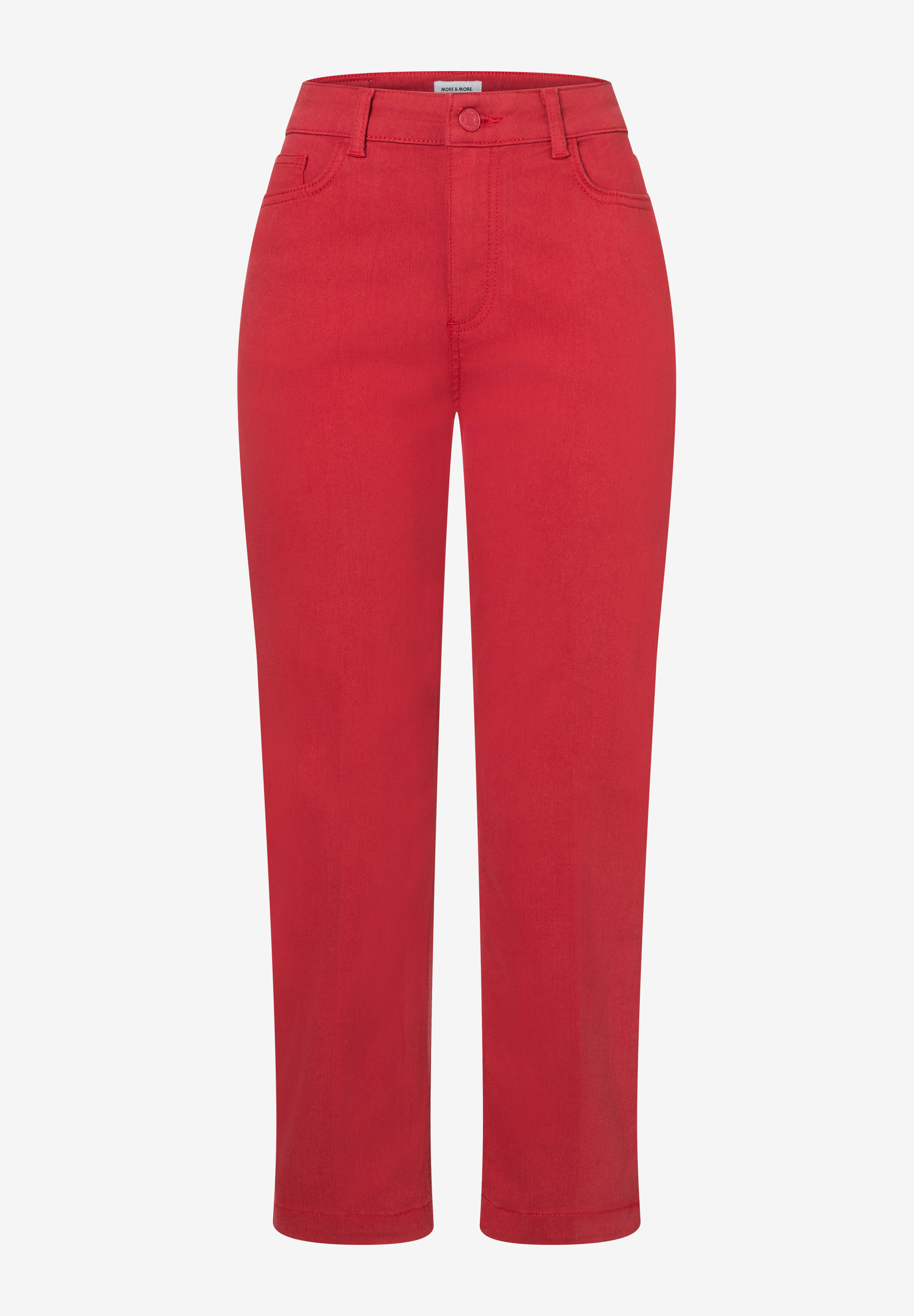 MORE & MORE rote Denim-Jeans mit hohem Bund, elastischem Material, 5-Pocket-Stil und geradem Bein, vorne gut sichtbar. MORE & MORE rote Denim-Jeans mit hohem Bund, elastischem Material, 5-Pocket-Stil und geradem Bein, vorne gut sichtbar.