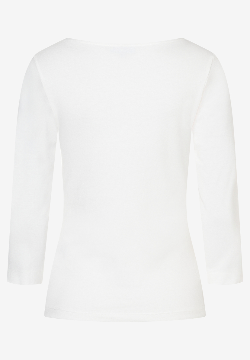 Ein weißes MORE & MORE Jersey-Top mit Dreiviertelärmeln, elastisch und bequem. Ein weißes MORE & MORE Jersey-Top mit Dreiviertelärmeln, elastisch und bequem.