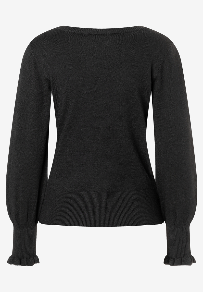 Rückansicht eines schwarzen Feinstrickpullovers von MORE & MORE mit langen, leicht puffärmeligen Ärmeln und Rüschen an den Bündchen. Rückansicht eines schwarzen Feinstrickpullovers von MORE & MORE mit langen, leicht puffärmeligen Ärmeln und Rüschen an den Bündchen.