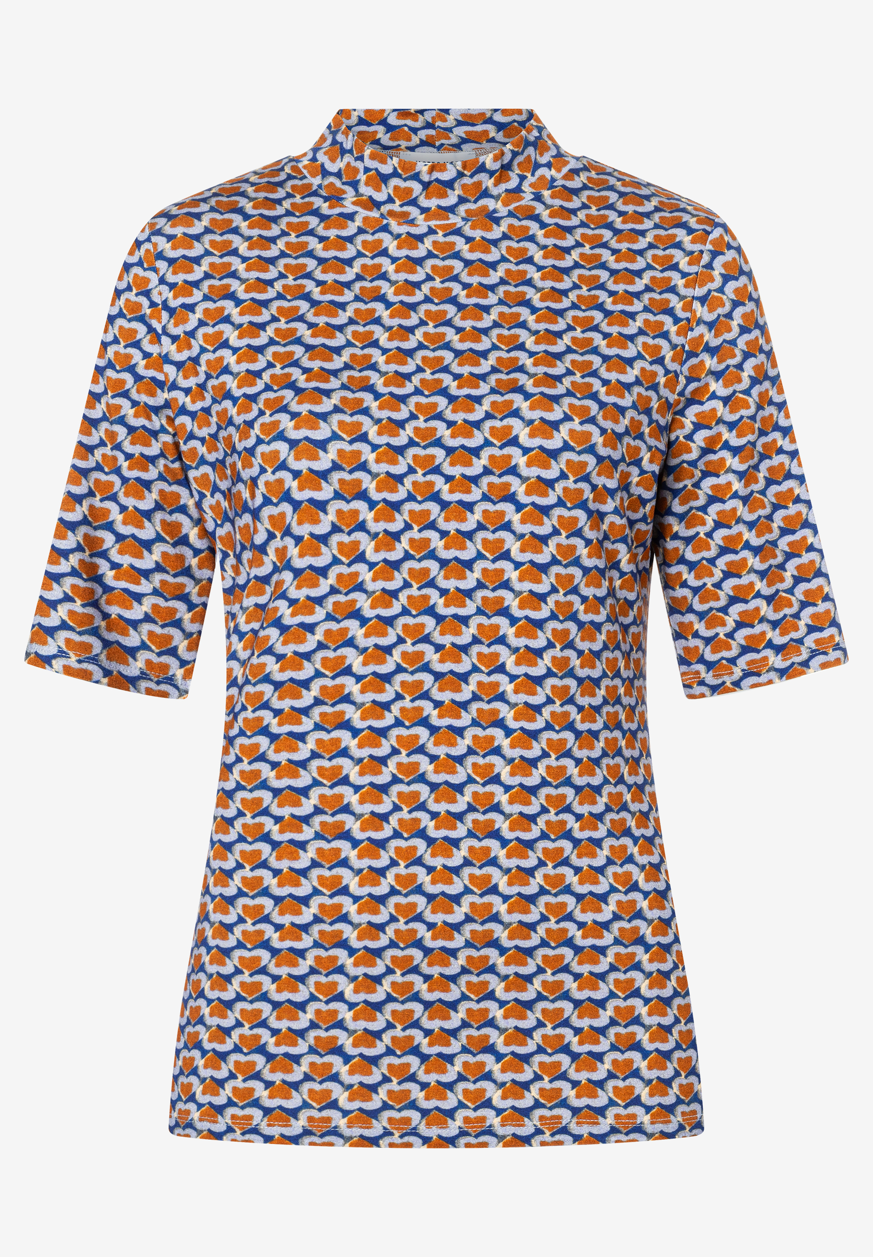 MORE & MORE Jersey-Oberteil mit Hearts-Muster in Blau und Orange, Halbarm und Stehkragen für angenehmen Tragekomfort. MORE & MORE Jersey-Oberteil mit Hearts-Muster in Blau und Orange, Halbarm und Stehkragen für angenehmen Tragekomfort.