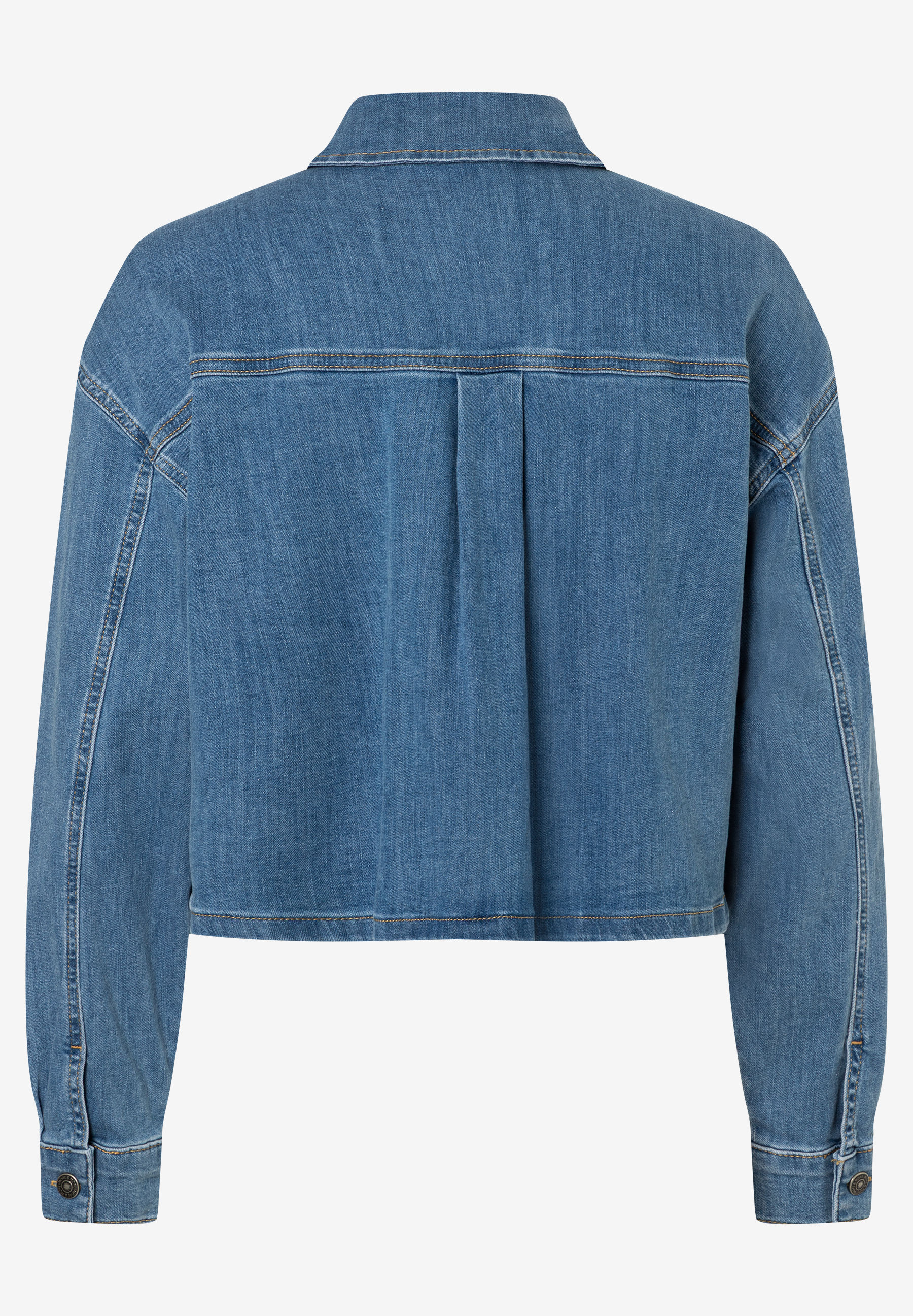 Die Rückansicht einer blauen Jeansjacke von MORE & MORE. Die Rückansicht einer blauen Jeansjacke von MORE & MORE.