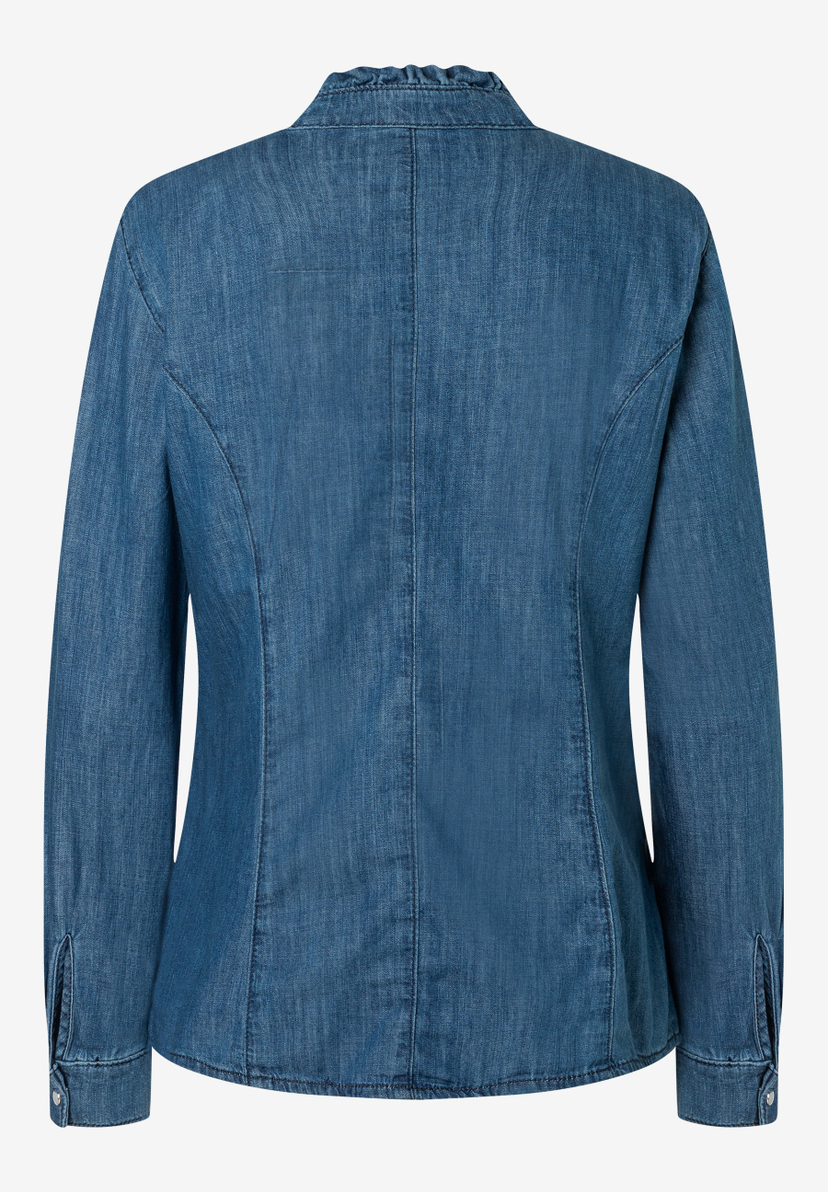 Rückansicht einer blauen MORE & MORE Bluse mit langen Ärmeln und Knopfverschluss. Rückansicht einer blauen MORE & MORE Bluse mit langen Ärmeln und Knopfverschluss.