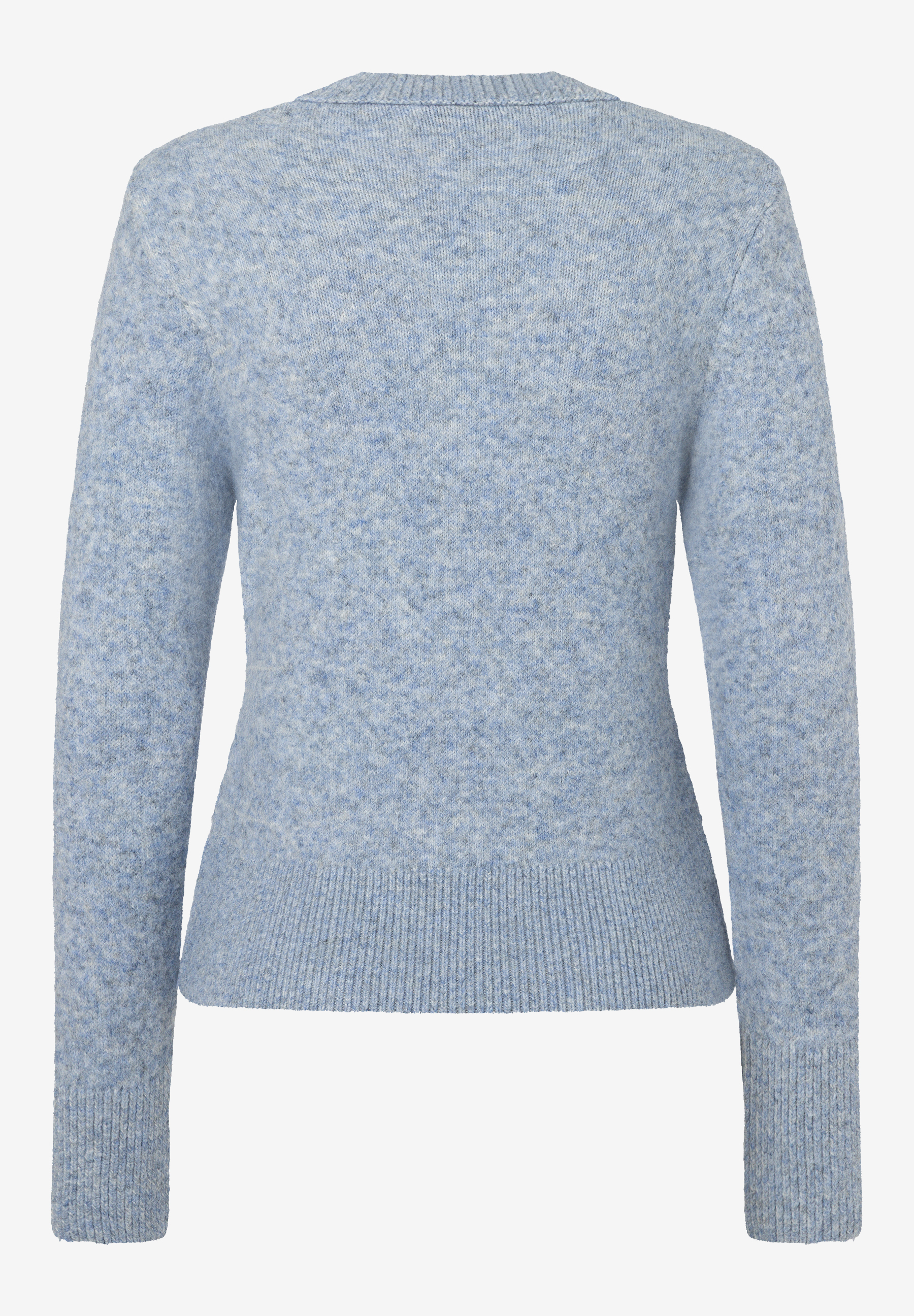 MORE & MORE Damen Pullover in Hellblau, Rückansicht. Ein melierter Strickpullover mit Rundhalsausschnitt und Rippbündchen.