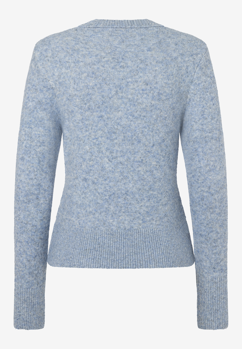 MORE & MORE Damen Pullover in Hellblau, Rückansicht. Ein melierter Strickpullover mit Rundhalsausschnitt und Rippbündchen.