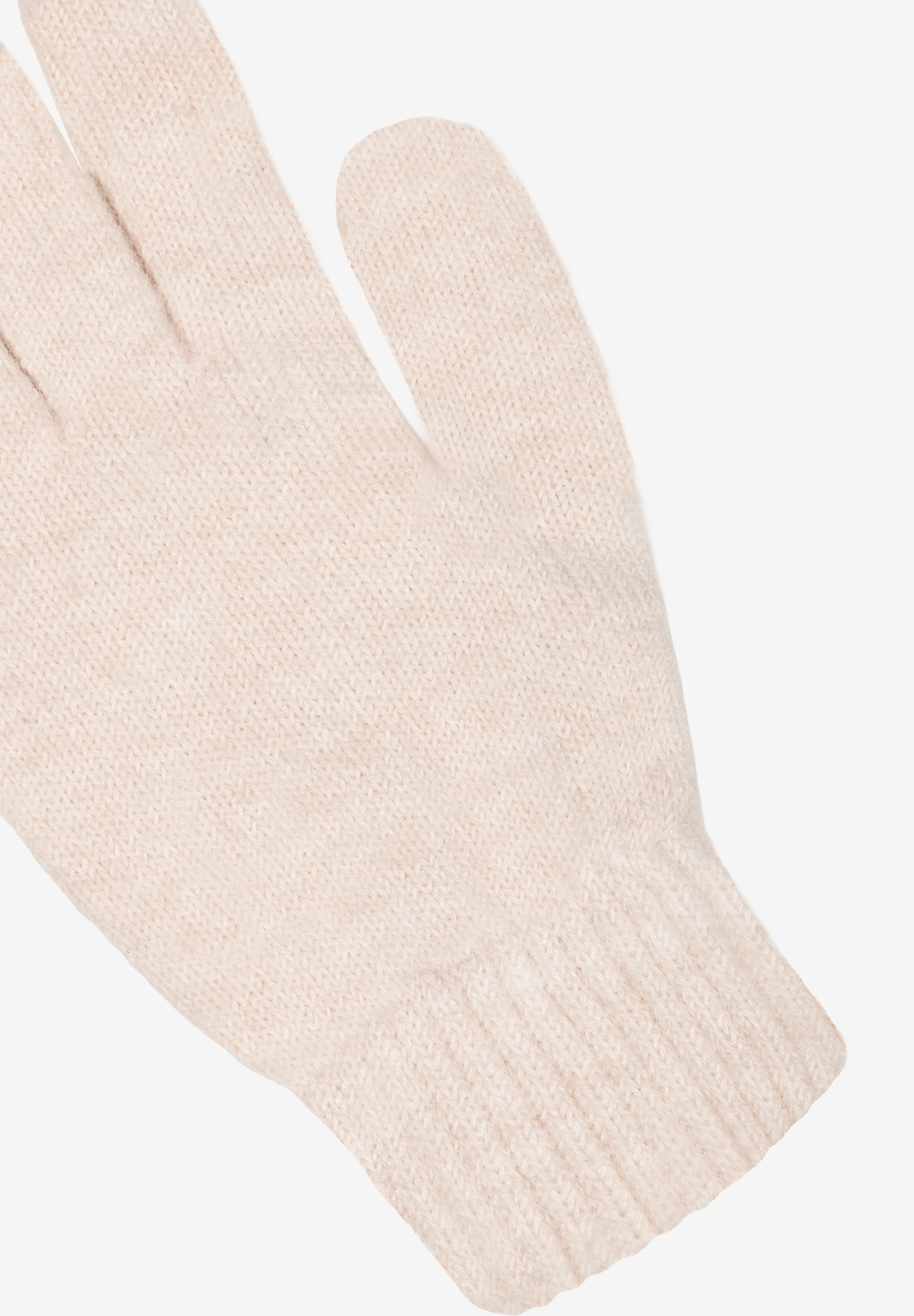 Nahaufnahme eines MORE & MORE Handschuhs mit Strickmuster in Cremeweiß. Nahaufnahme eines MORE & MORE Handschuhs mit Strickmuster in Cremeweiß.