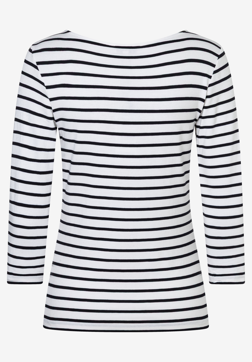 Ein MORE & MORE Oberteil mit schwarzen Streifen auf weißem Grund. Ein MORE & MORE Oberteil mit schwarzen Streifen auf weißem Grund.