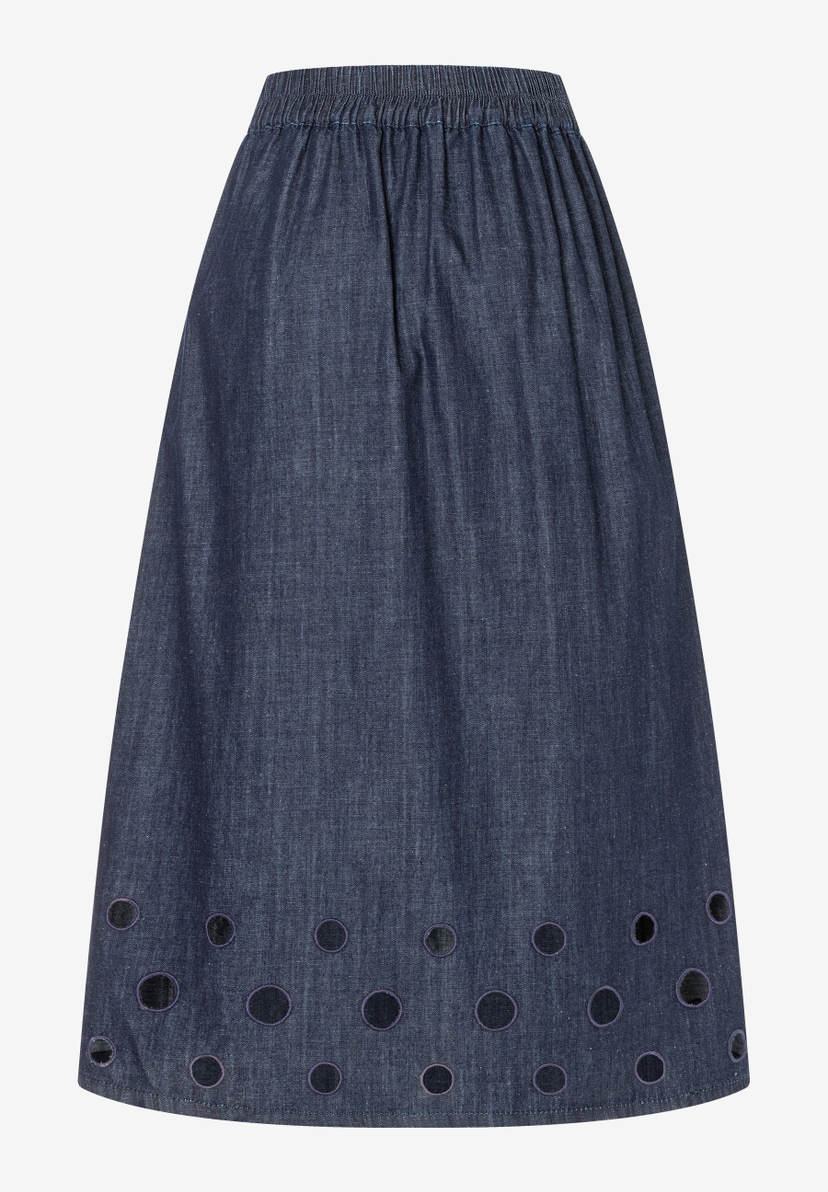 MORE & MORE Jeansrock in Blau mit elastischem Bund und kreisförmigen Lochstickereien am Saum, blickdicht unterlegt. MORE & MORE Jeansrock in Blau mit elastischem Bund und kreisförmigen Lochstickereien am Saum, blickdicht unterlegt.
