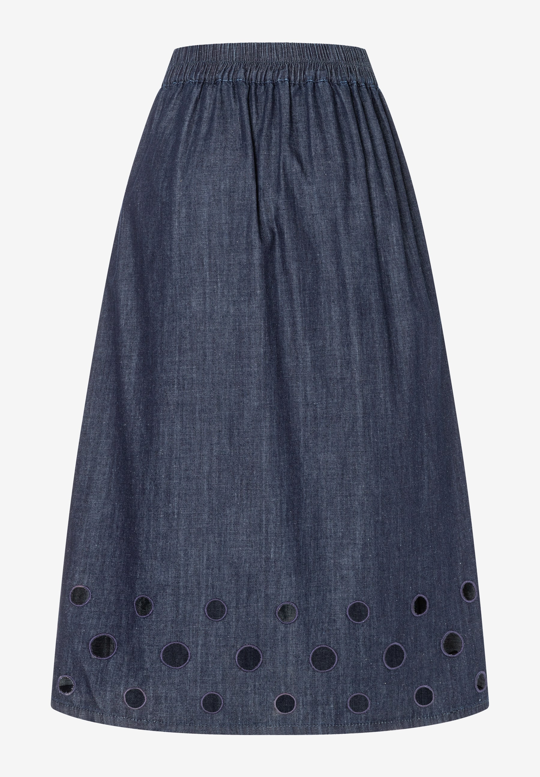 MORE & MORE Jeansrock in Blau mit elastischem Bund und kreisförmigen Lochstickereien am Saum, blickdicht unterlegt. MORE & MORE Jeansrock in Blau mit elastischem Bund und kreisförmigen Lochstickereien am Saum, blickdicht unterlegt.