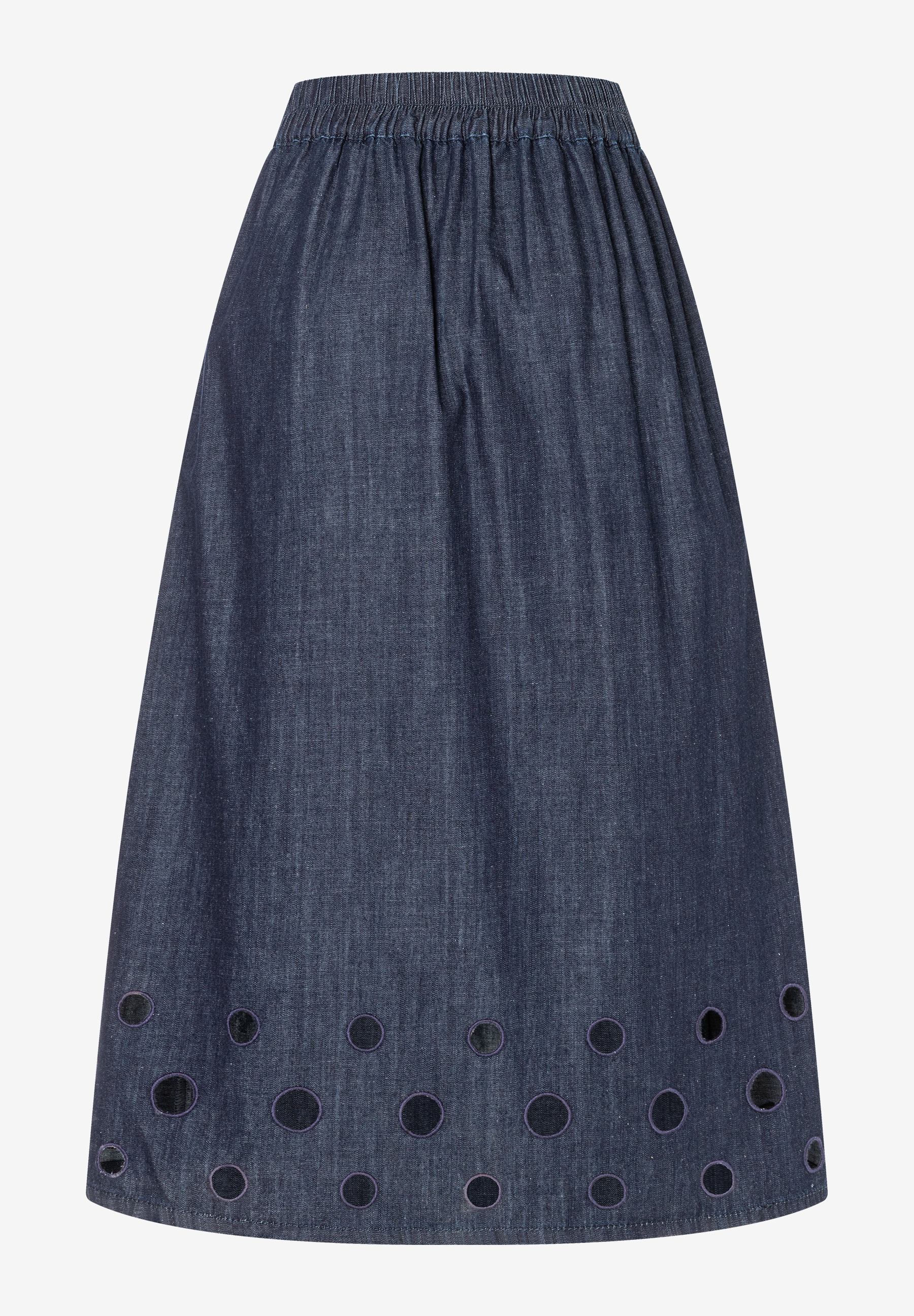 MORE & MORE Jeansrock in Blau mit elastischem Bund und kreisförmigen Lochstickereien am Saum, blickdicht unterlegt. MORE & MORE Jeansrock in Blau mit elastischem Bund und kreisförmigen Lochstickereien am Saum, blickdicht unterlegt.