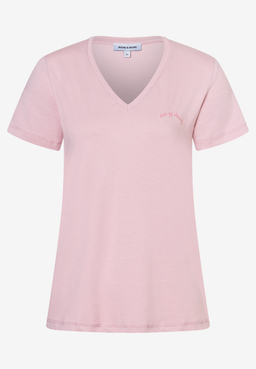 Ein MORE & MORE T-Shirt in Rosa mit V-Ausschnitt und kurzer Ärmel.