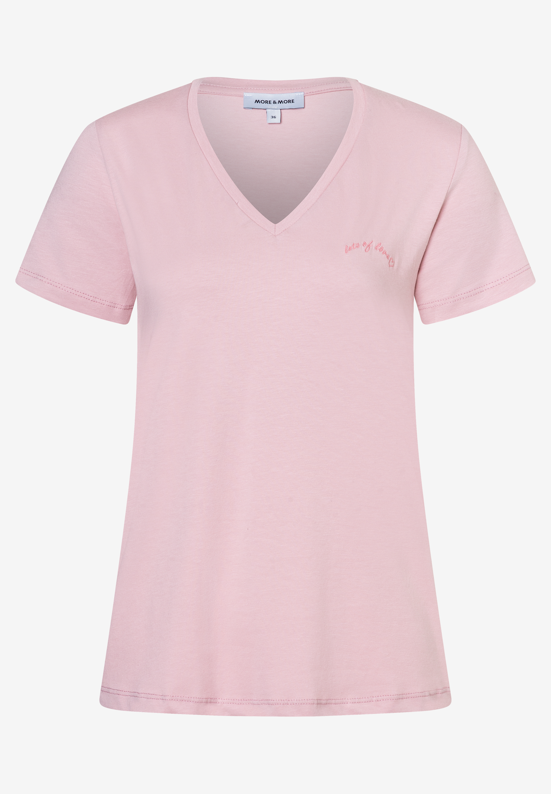 MORE & MORE T-Shirt aus elastischem Jersey. Das rosa Oberteil hat einen V-Ausschnitt und den Schriftzug "lots of love". MORE & MORE T-Shirt aus elastischem Jersey. Das rosa Oberteil hat einen V-Ausschnitt und den Schriftzug "lots of love".